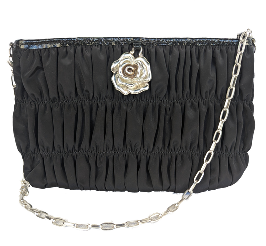 Brighton Black Ruched Nylon Evening Bag with heavy, silver rose detail