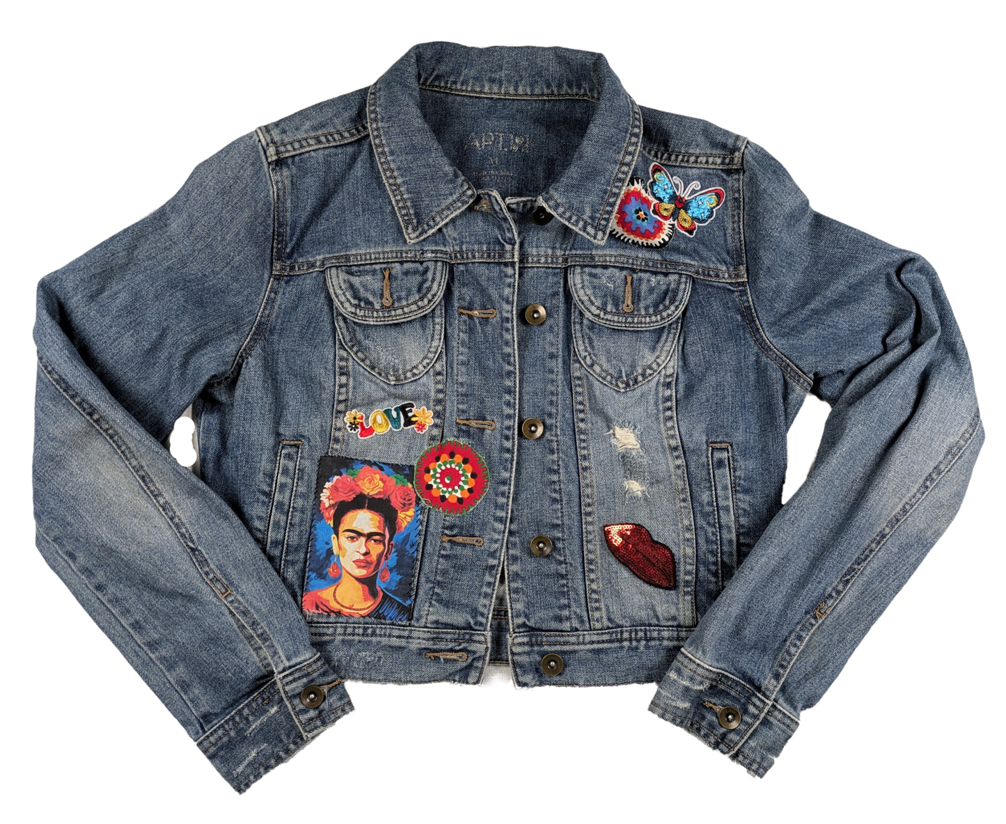 Refreshed - Apt. 9 Upcycled Denim Jacket Size M Frida Kahlo was an amazing woman, and this jacket shows her off!  Along with floral embellishments, her portrait crea