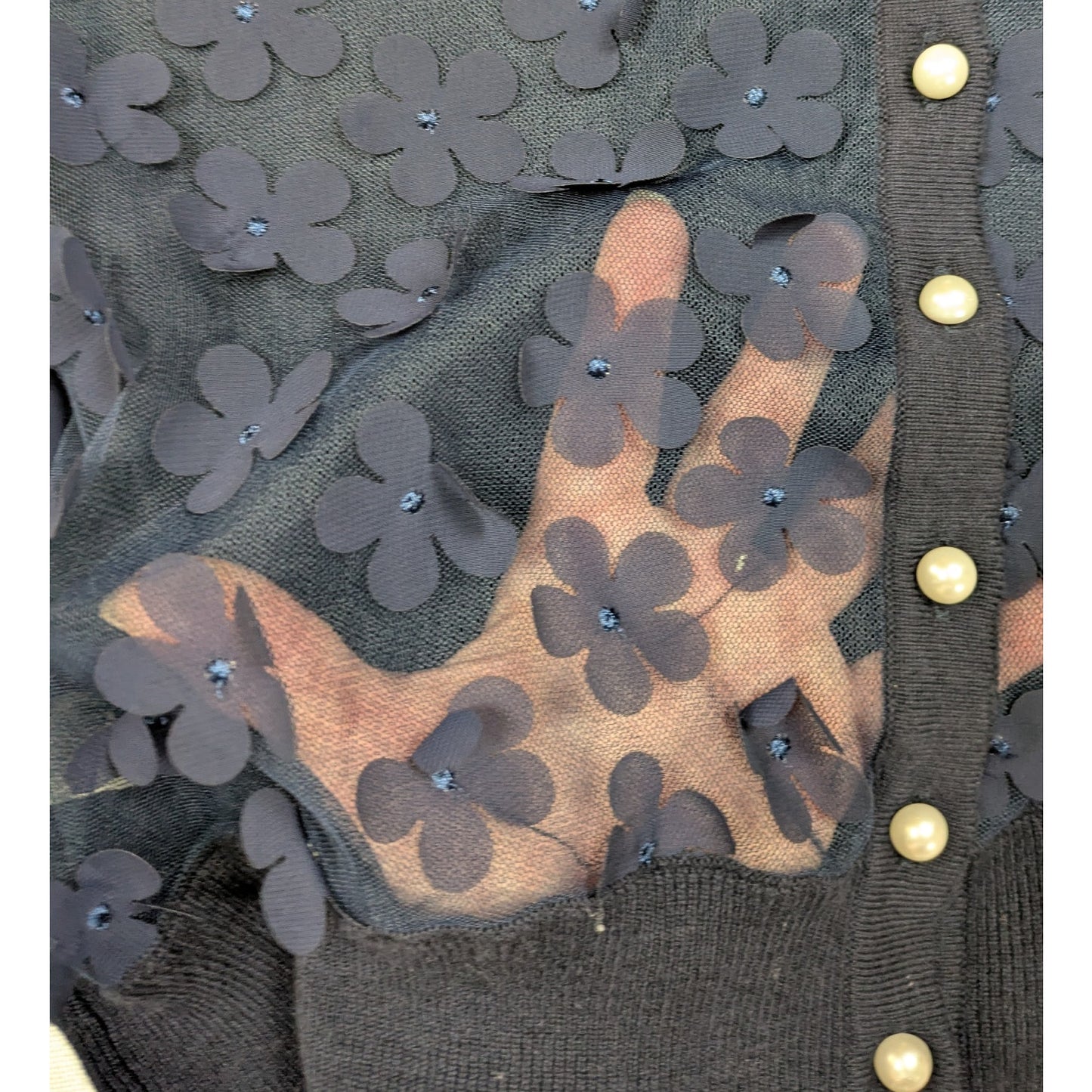Karl Lagerfeld Navy Cardigan with Sheer Front and Flower appliques Size Large
