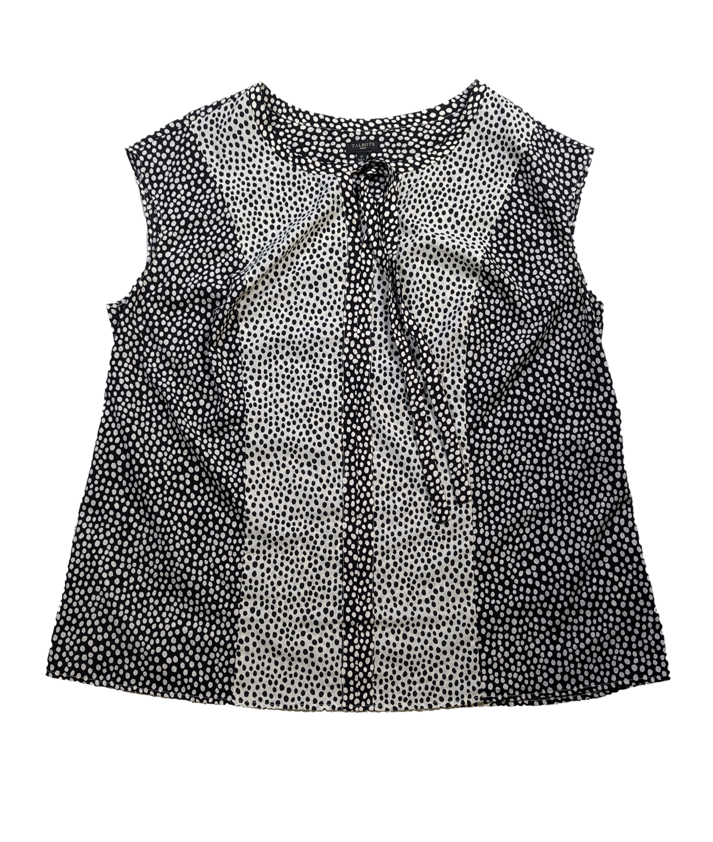 Talbots Black and White Polka Dot Notch Tie Neck Top Size 1X Add some playful polka dots to your wardrobe with this Talbots top! Featuring a stylish notch and tie ne