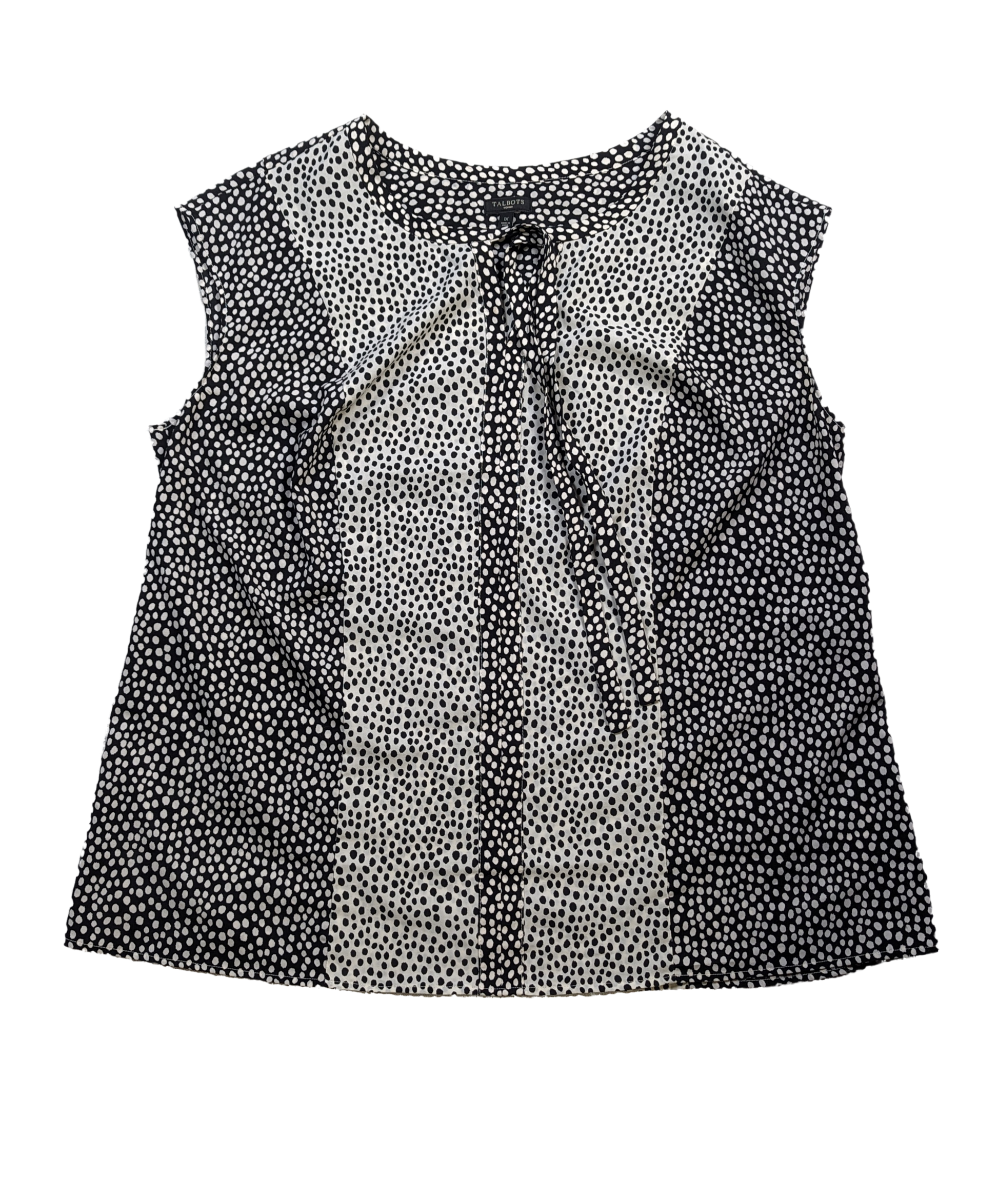 Talbots Black and White Polka Dot Notch Tie Neck Top Size 1X Add some playful polka dots to your wardrobe with this Talbots top! Featuring a stylish notch and tie ne