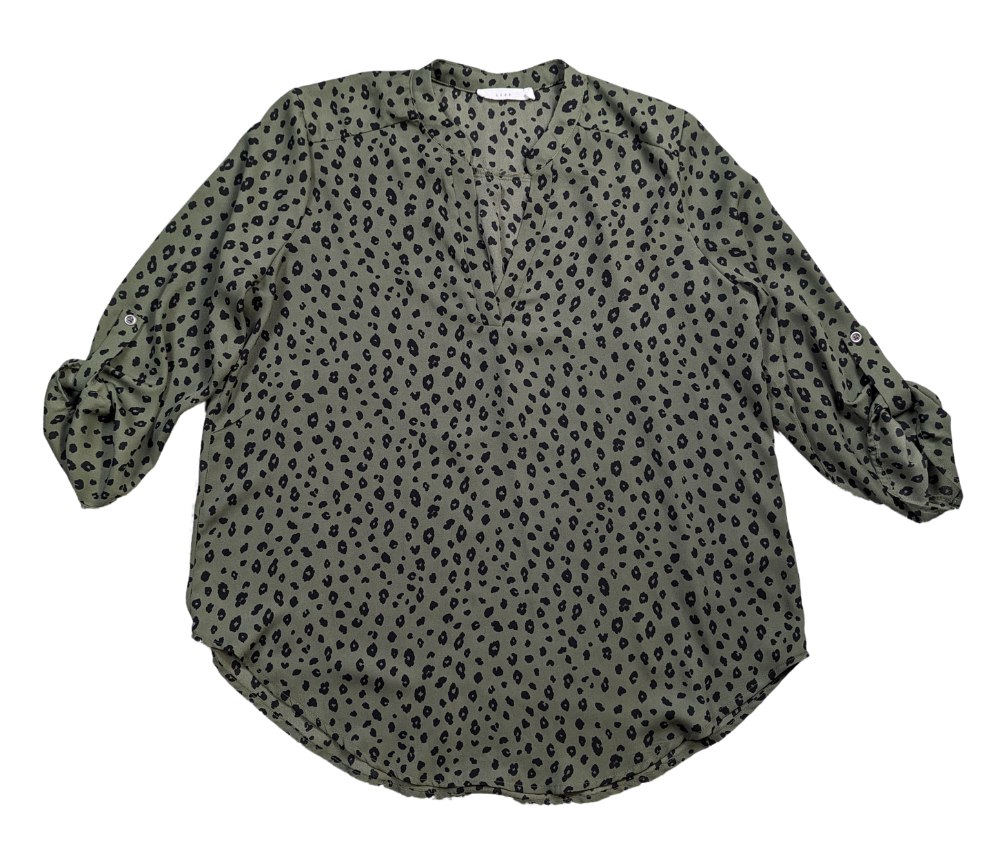 Lush Olive Green Dalmation Print Blouse Size Large Get ready to turn heads with this playful Lush Olive Green Dalmation Print Blouse in size Large! The unique Dalmat