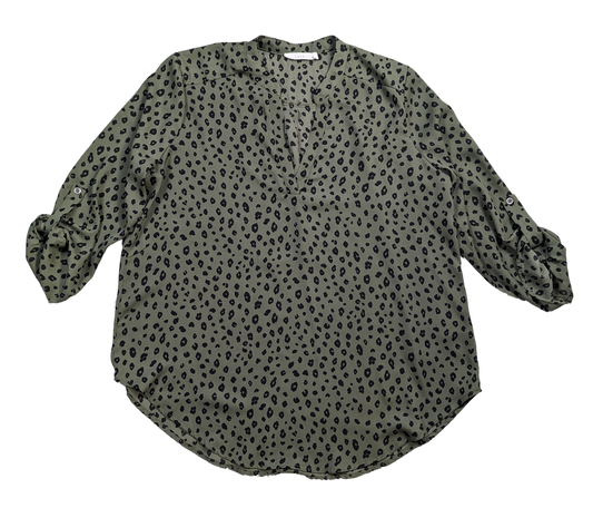 Lush Olive Green Dalmation Print Blouse Size Large Get ready to turn heads with this playful Lush Olive Green Dalmation Print Blouse in size Large! The unique Dalmat