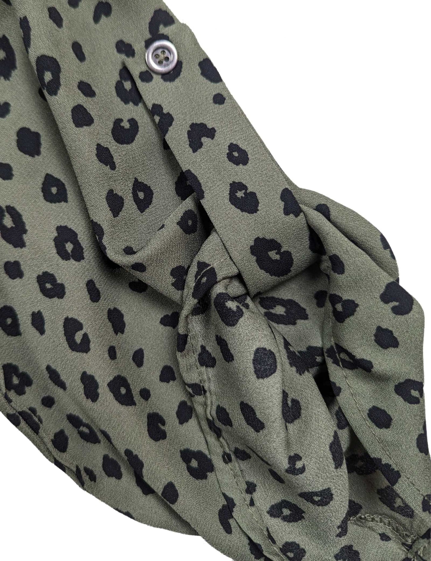 Lush Olive Green Dalmation Print Blouse Size Large Get ready to turn heads with this playful Lush Olive Green Dalmation Print Blouse in size Large! The unique Dalmat