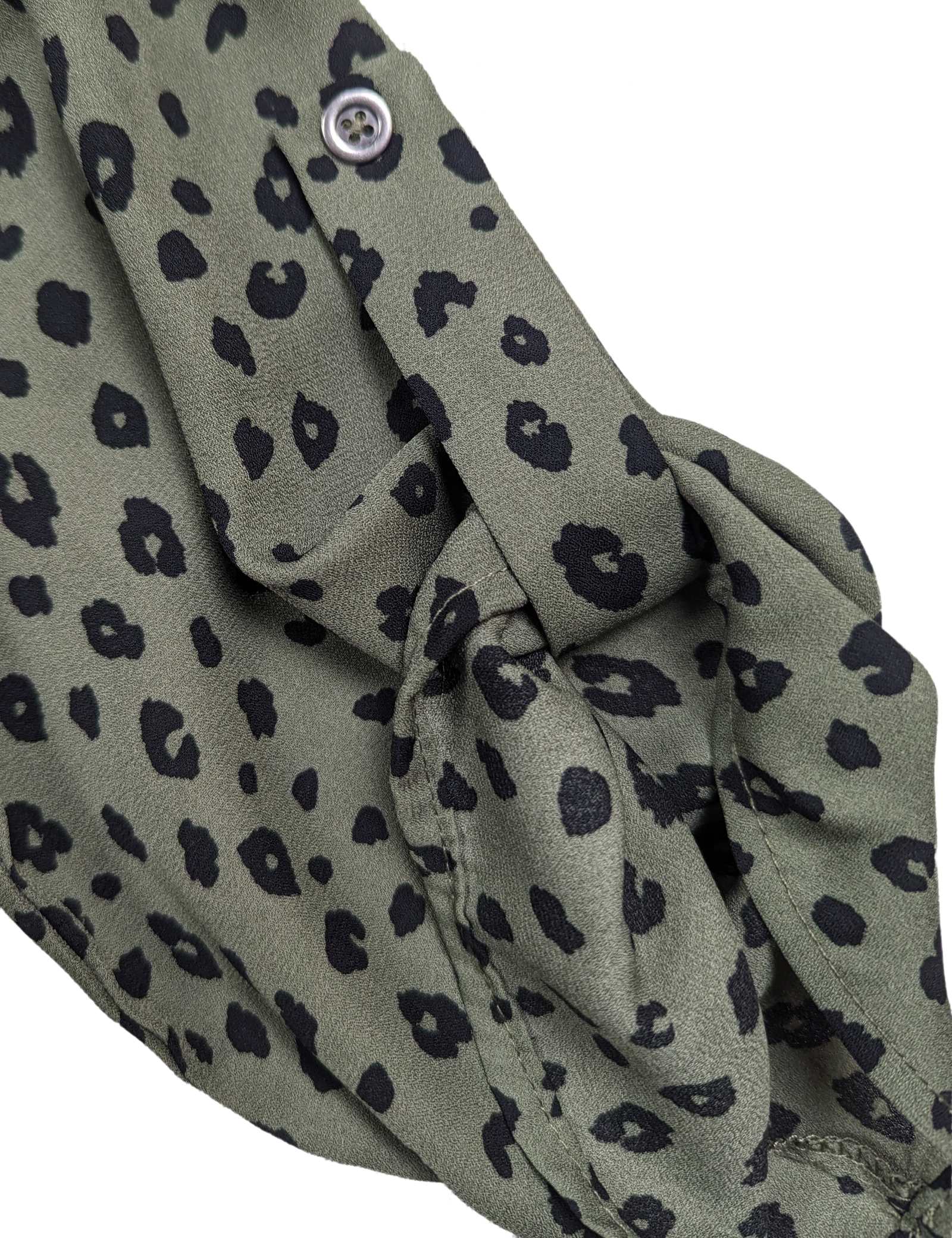 Lush Olive Green Dalmation Print Blouse Size Large Get ready to turn heads with this playful Lush Olive Green Dalmation Print Blouse in size Large! The unique Dalmat