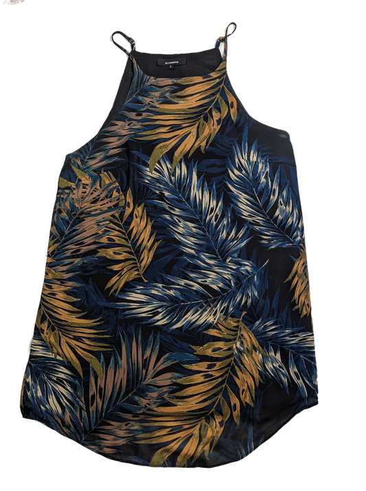 Olivaceous Palm Print Halter Dress Size Large Stand out in this playful Olivaceous Palm Print Halter Dress. The halter style with adjustable straps adds a fun twist,