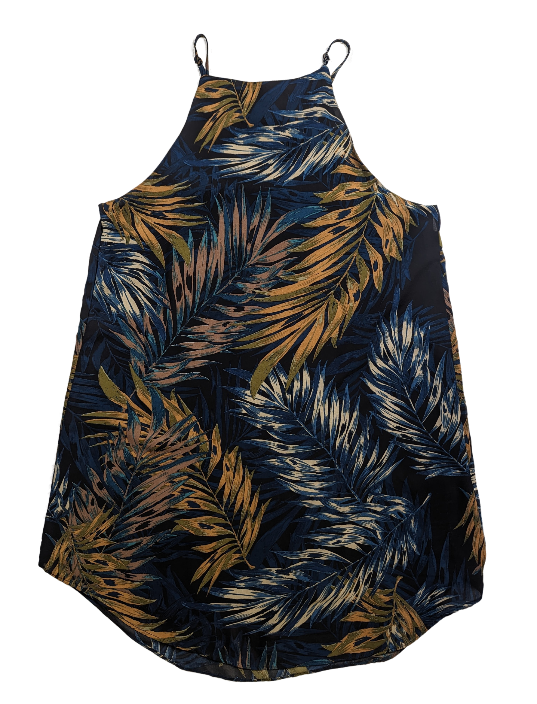 Olivaceous Palm Print Halter Dress Size Large Stand out in this playful Olivaceous Palm Print Halter Dress. The halter style with adjustable straps adds a fun twist,