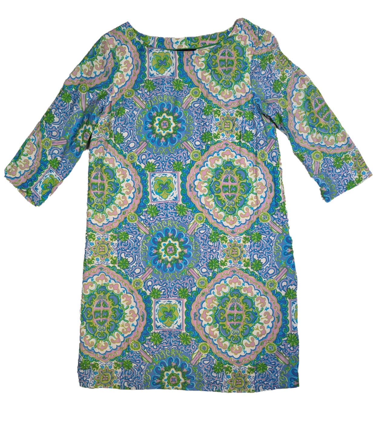 Tommy Hilfiger Pastel Paisley Print Knee Length Dress Size Medium This Tommy Hilfiger dress features a beautiful pastel paisley print, three quarter sleeves, and a k