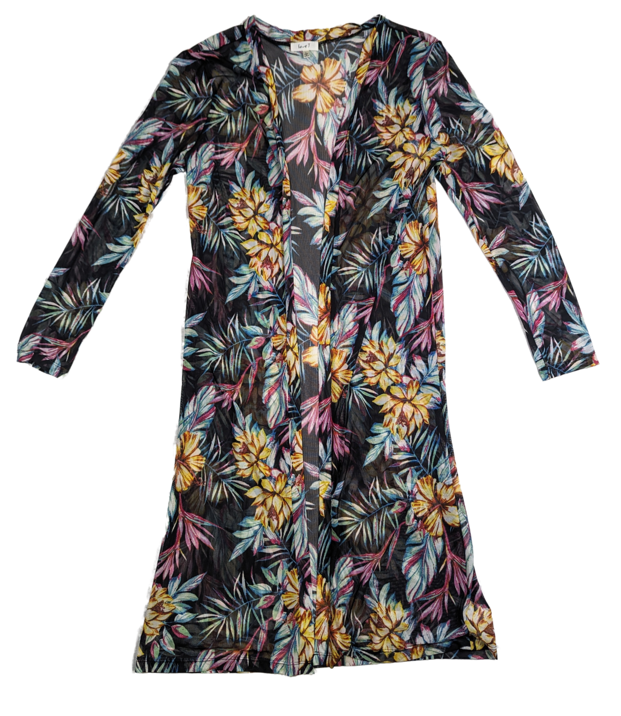 Love J Tropical Mesh Kimono Size L Unleash your inner island vibes with this Love J Tropical Mesh Kimono! Featuring a playful tropical print, breezy mesh fabric, and