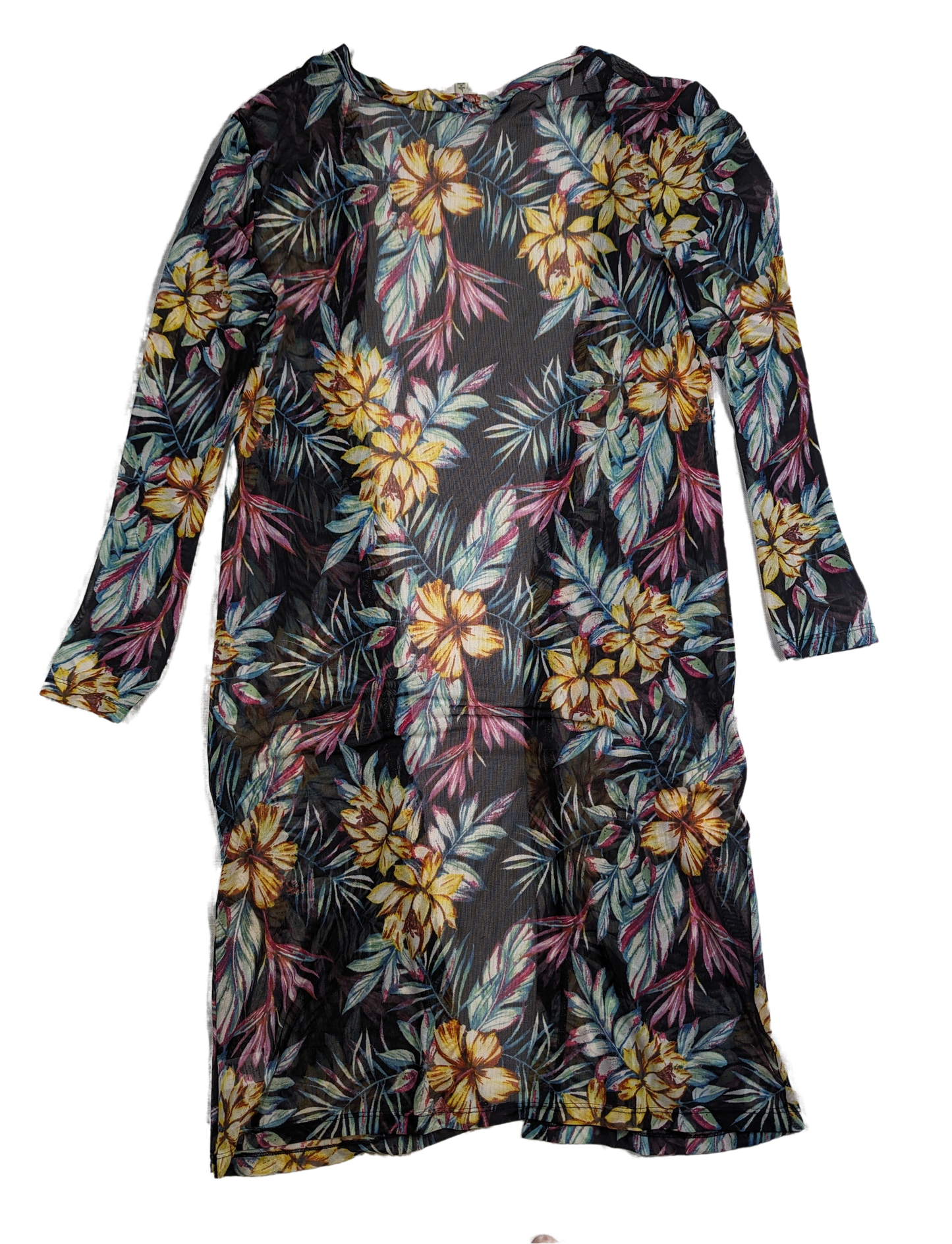 Love J Tropical Mesh Kimono Size L Unleash your inner island vibes with this Love J Tropical Mesh Kimono! Featuring a playful tropical print, breezy mesh fabric, and