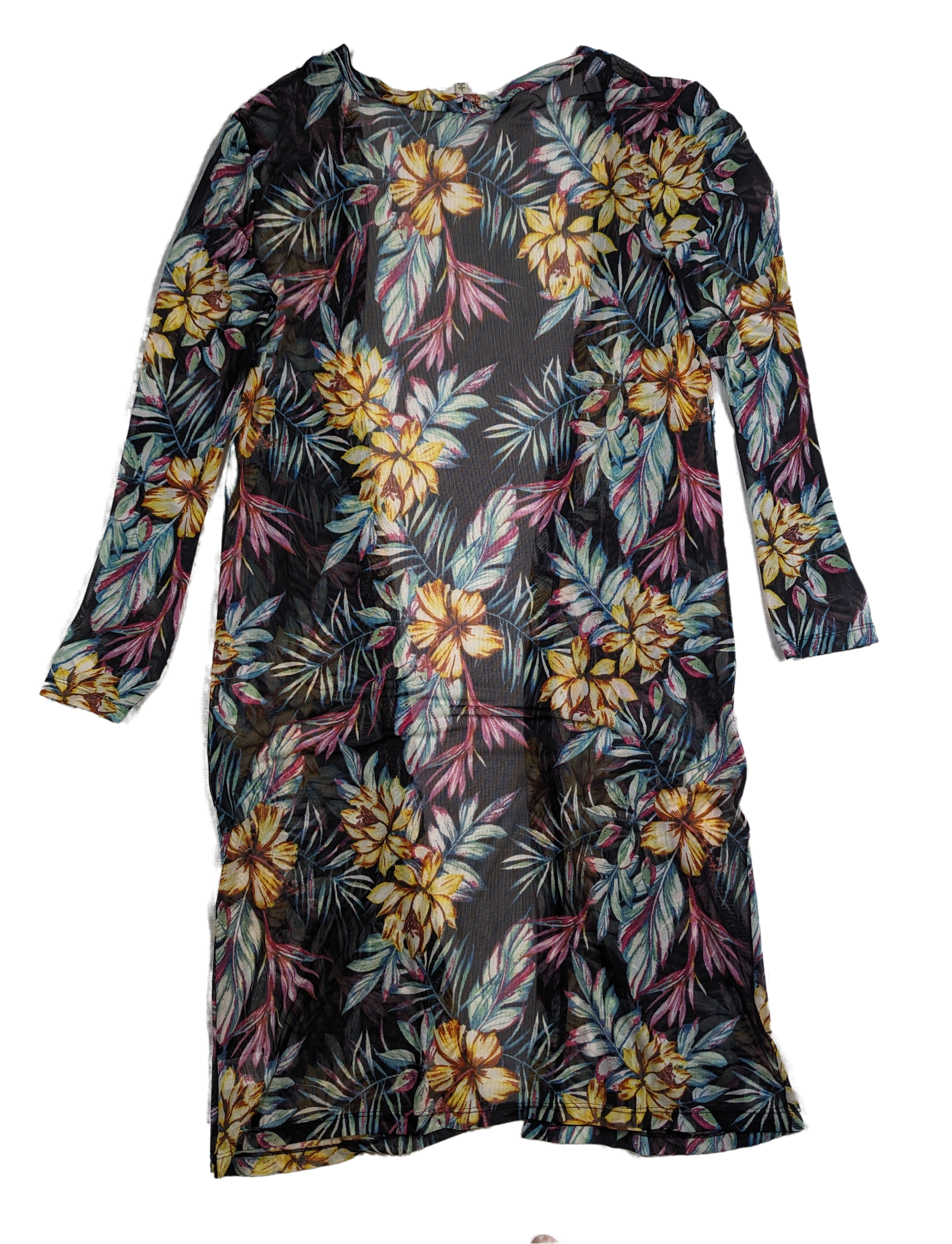 Love J Tropical Mesh Kimono Size L Unleash your inner island vibes with this Love J Tropical Mesh Kimono! Featuring a playful tropical print, breezy mesh fabric, and