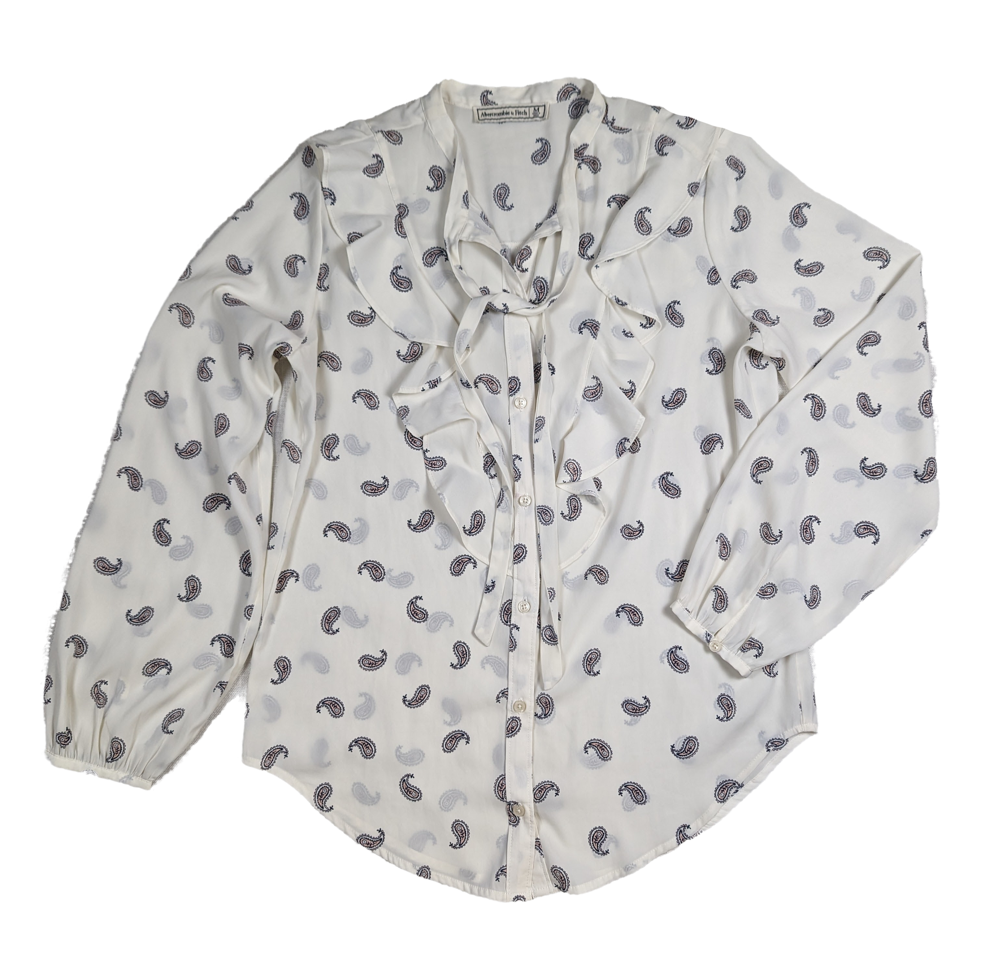 Abercrombie & Fitch Paisley Print Tie Neck Blouse Size Medium Unleash your inner fashionista with this playful Abercrombie & Fitch top. The white paisley print a