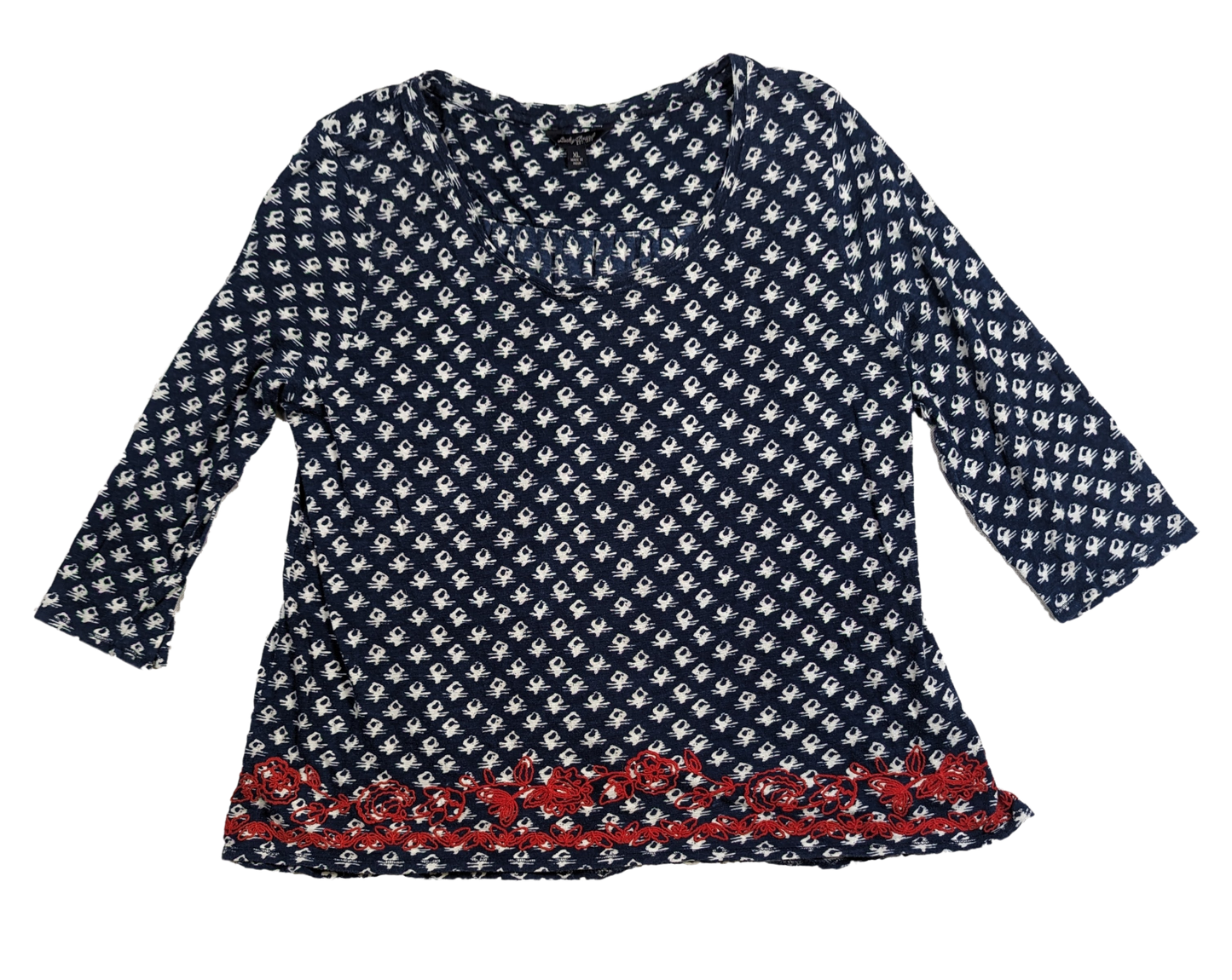 Lucky Brand Three Quarter Sleeve Top Size XL Add some luck to your wardrobe with this three quarter sleeve top from Lucky Brand. The lightweight fabric, blue with white print, and red embroidery around the bott