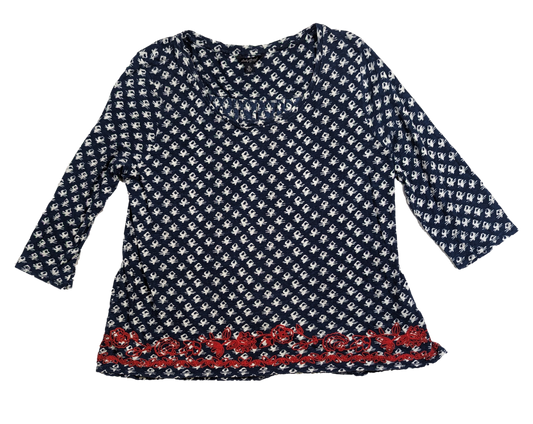 Lucky Brand Three Quarter Sleeve Top Size XL Add some luck to your wardrobe with this three quarter sleeve top from Lucky Brand. The lightweight fabric, blue with white print, and red embroidery around the bott