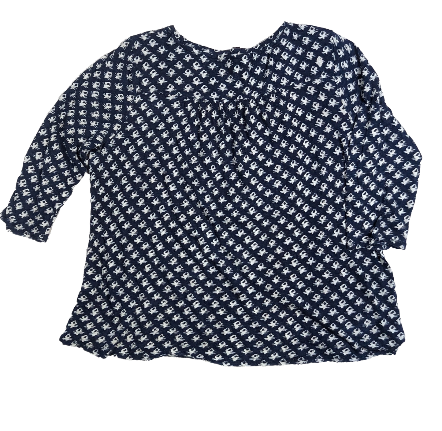 Lucky Brand Three Quarter Sleeve Top Size XL Add some luck to your wardrobe with this three quarter sleeve top from Lucky Brand. The lightweight fabric, blue with white print, and red embroidery around the bott