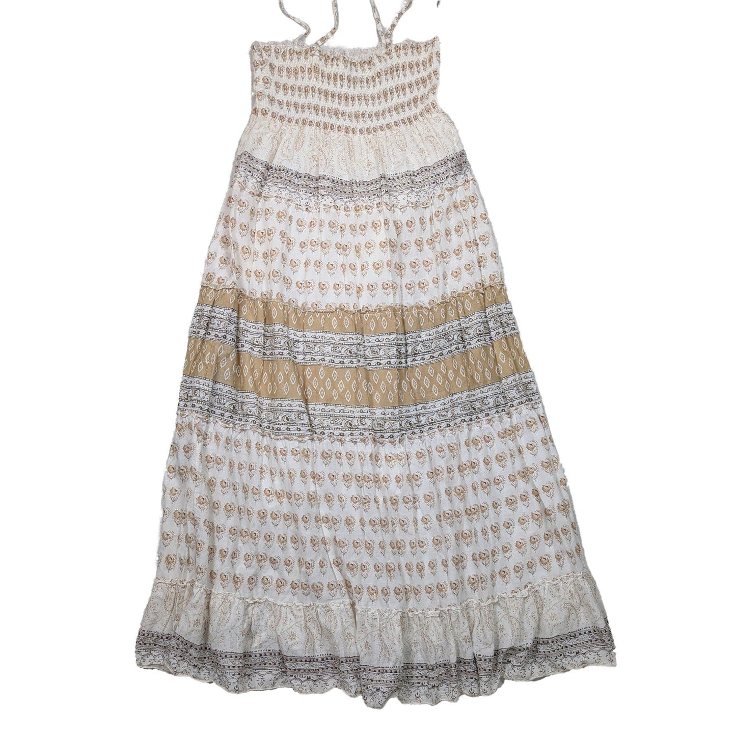 Cache Smocked Tiered White, Tan and Gold Sundress Size Large Stay cool and stylish in our Cache sundress! With a playful tiered and ruffled design, this white, tan,