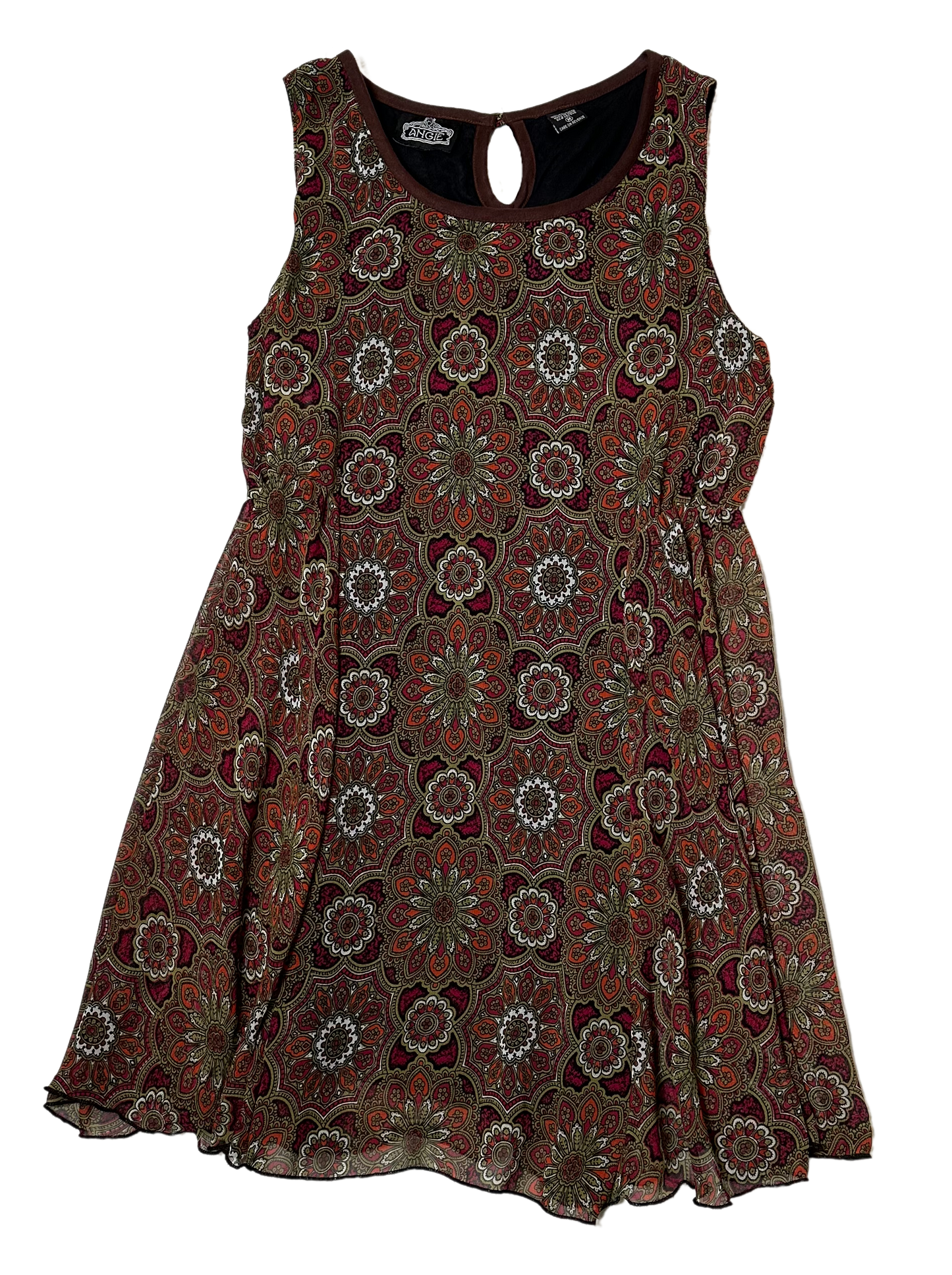 AngieStep out in style this season wearing our Angie sleeveless crew neck dress! This stunning dress is printed with a classic medallion pattern in beautiful fall colors DressesAngie Sleeveless Crew Neck Dress with Fall Color PrintAngie Sleeveless Crew Neck Dress