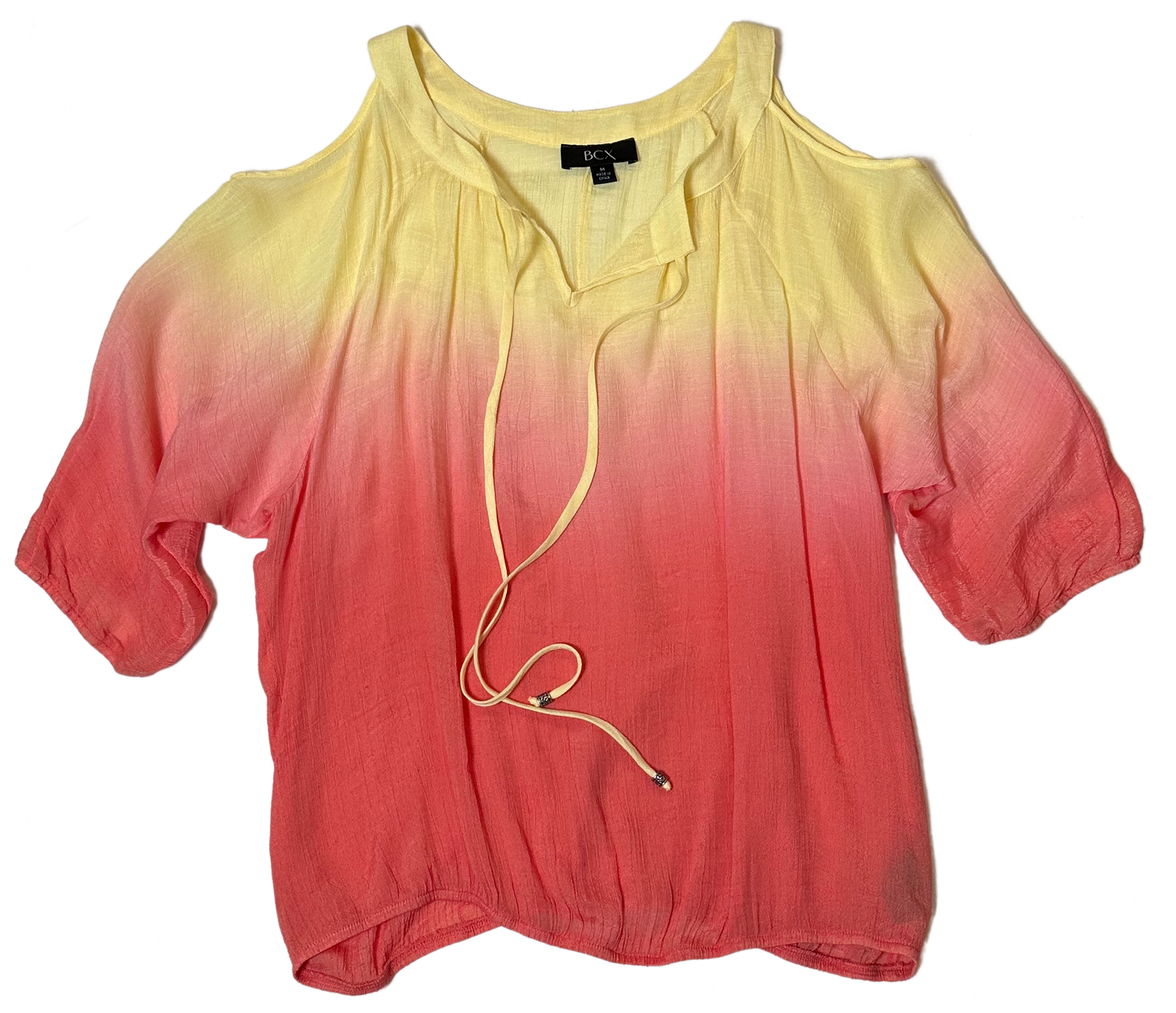 BCXThis BCX blouse gives you a colorful take on the peasant-style. The stylish ombre in pink and yellow will draw all the attention, while the elastic hem and metal-detShirts & TopsBCX Ombre Cold Shoulder Peasant BlouseBCX Ombre Cold Shoulder Peasant Blouse