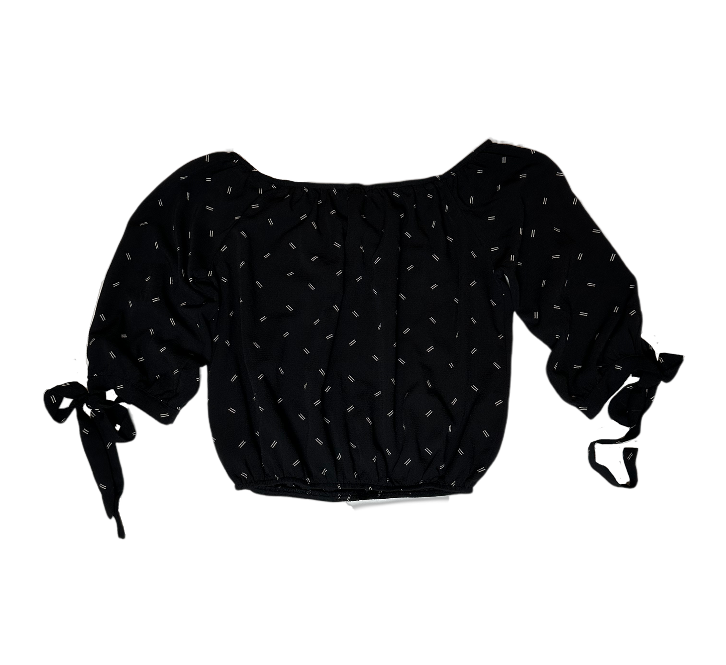 Papermoon Black with White Print Shirt with Ties at Sleeve. Cropped with an elastic waist and faux button front, it'll have you looking casually fashionable. Not to mention, thShirtPapermoon Black with White Print Shirt with Ties at SleevesWhite Print Shirt