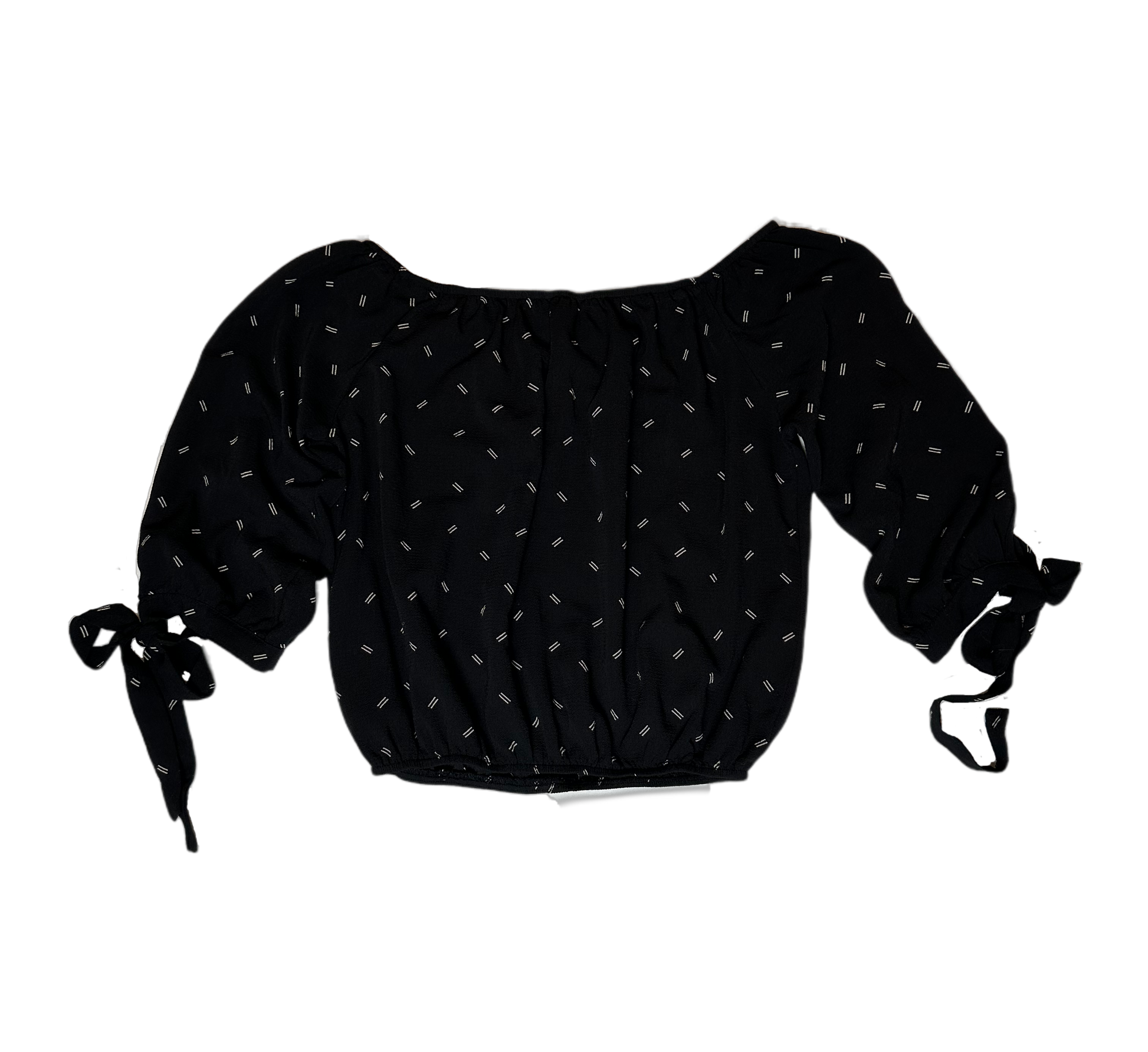 Papermoon Black with White Print Shirt with Ties at Sleeve. Cropped with an elastic waist and faux button front, it'll have you looking casually fashionable. Not to mention, thShirtPapermoon Black with White Print Shirt with Ties at SleevesWhite Print Shirt