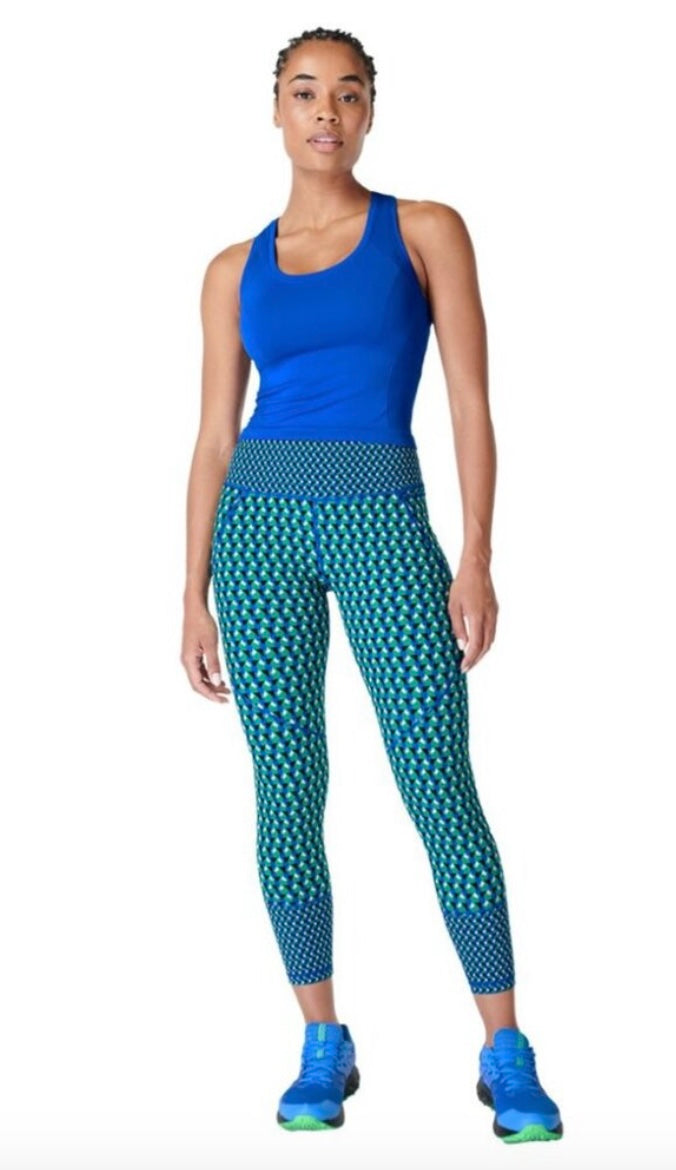 Sweaty Betty 7/8 Length Power Blue & Green Geometric Print Leggings Size 10