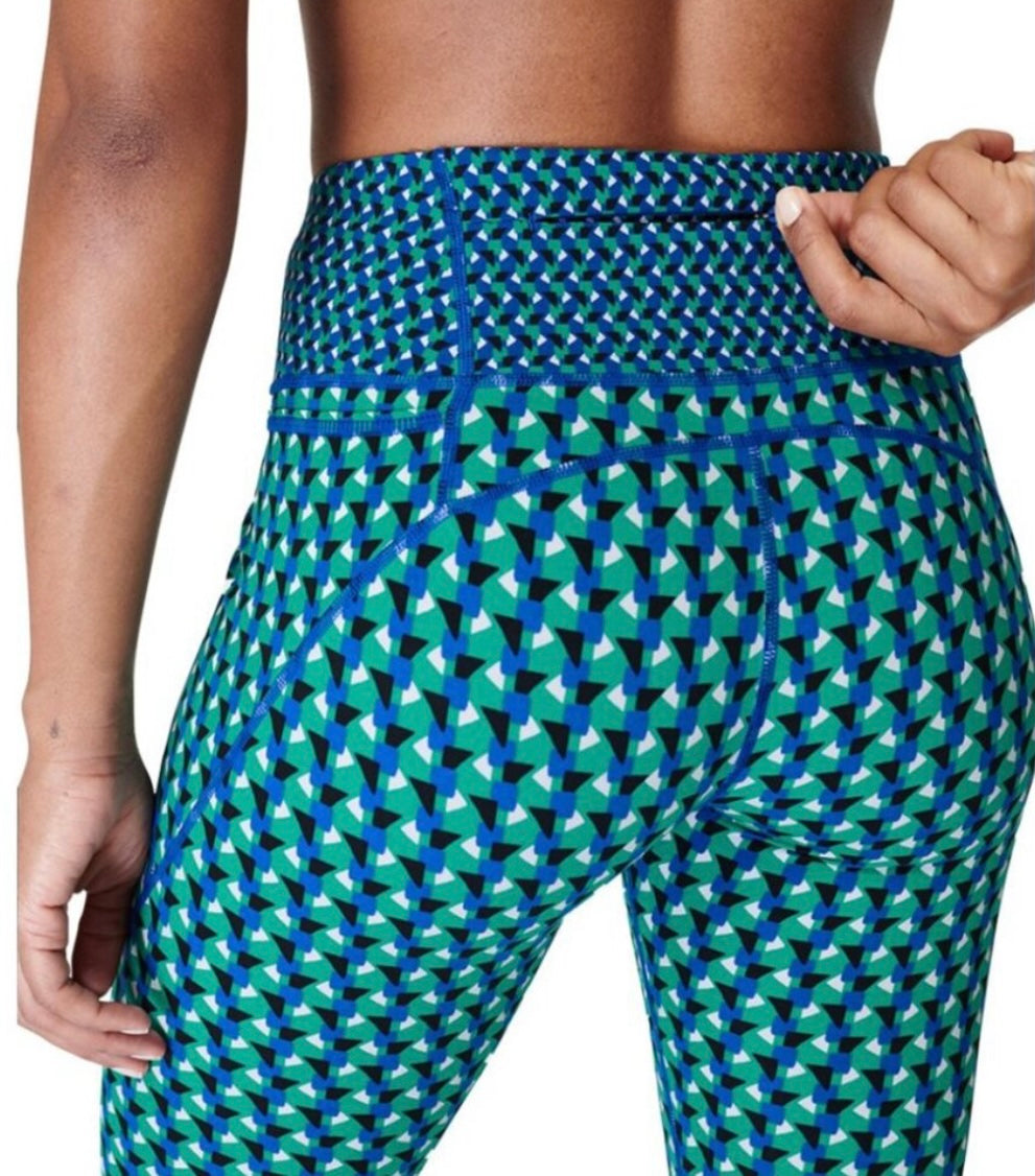 Sweaty Betty 7/8 Length Power Blue & Green Geometric Print Leggings Size 10