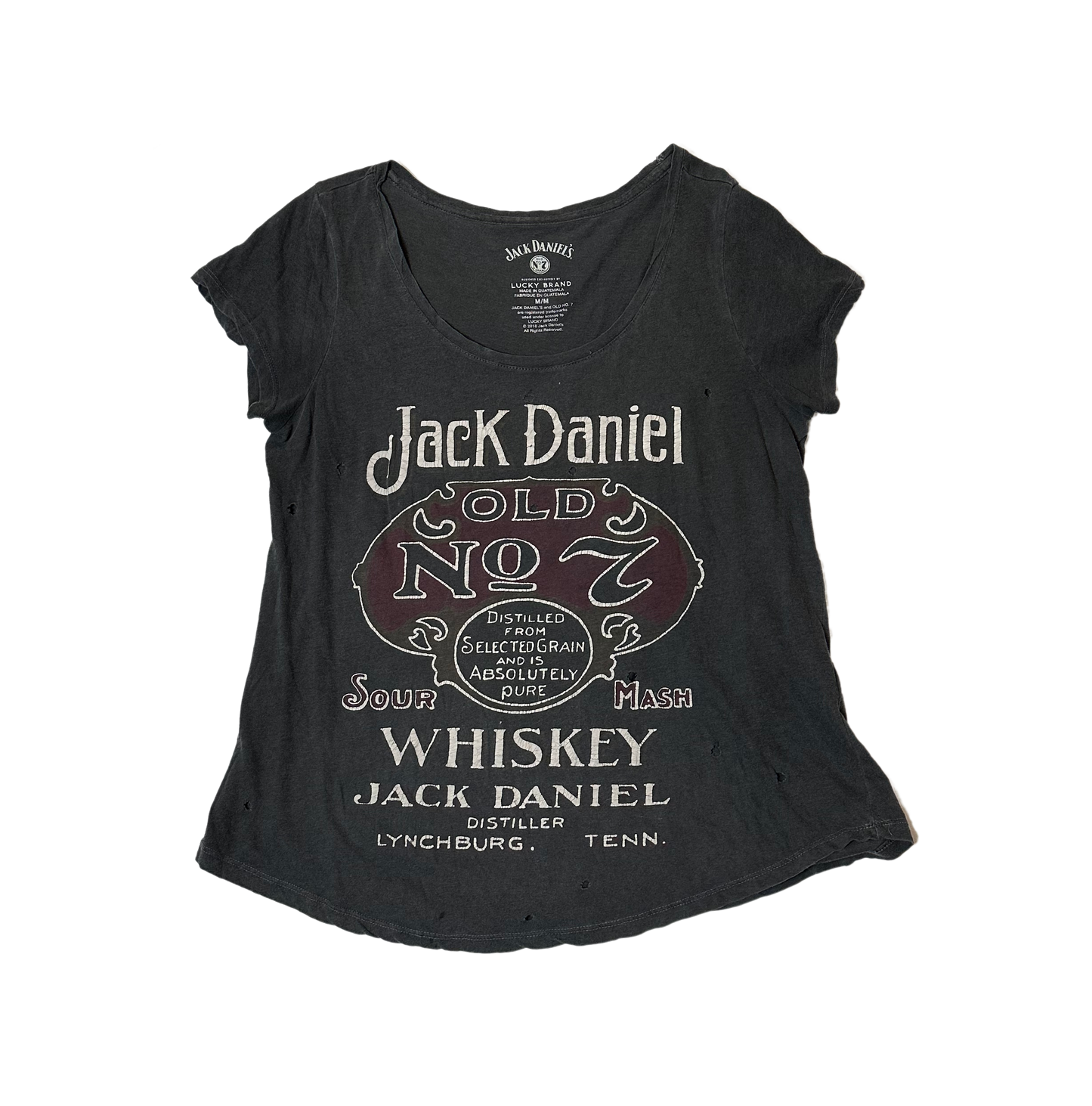 Lucky BrandServing up attitude and style, lucky you – you've got this Lucky Brand distressed (with holes) Jack Daniels T-Shirt! This short-sleeved tee features a distressed desShirts & TopsLucky Brand Distressed Jack Daniels T-ShirtLucky Brand Distressed Jack Daniels