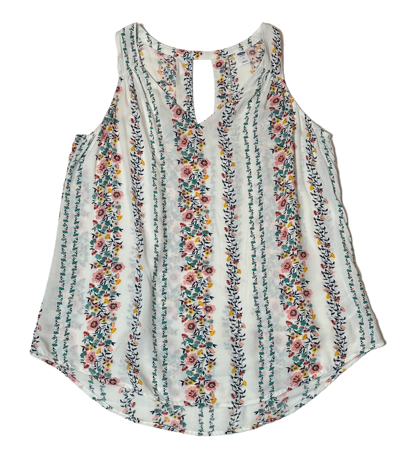 Old NavyLook blooming fabulous in this Old Navy floral stripe sleeveless v-neck shirt! It's semi-sheer white fabric adorned with floral stripes will have you looking like yoShirtOld Navy Floral Stripe Sleeveless V-neck ShirtNavy Floral Stripe Sleeveless