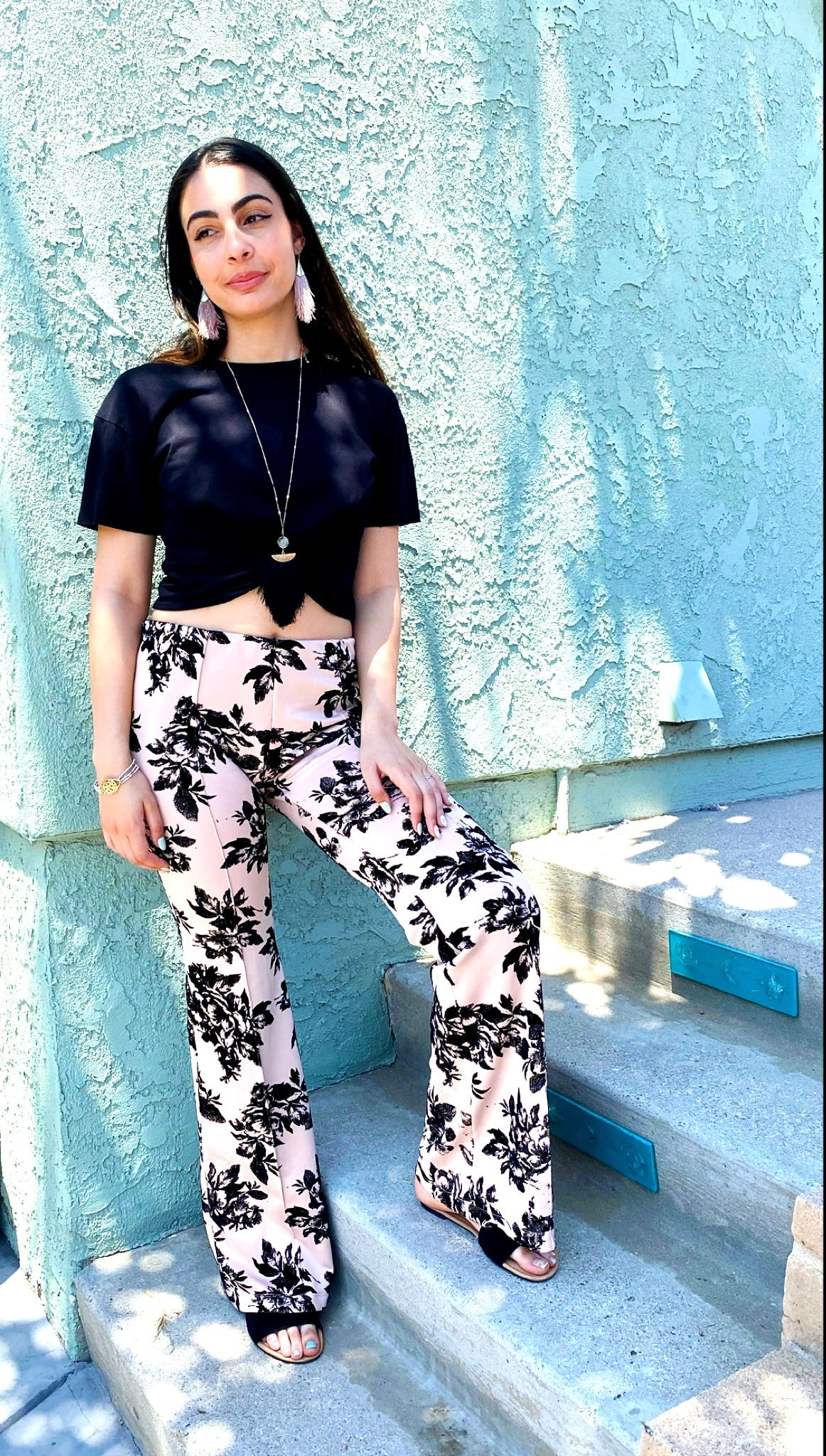 Marisa Kenson Blush Flare Pants with Black floral Print NWT size M Marisa Kenson collection flare pants in the Perla style. Light pink background with a black felt f