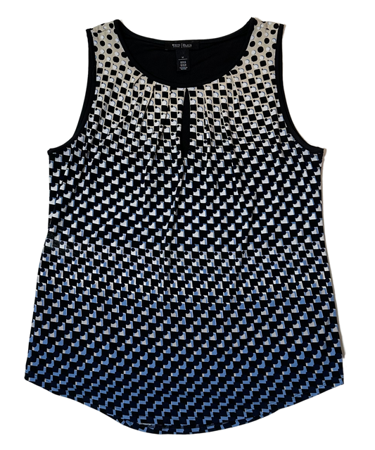 White House Black MarketThis White House Black Market ombre geometric sleeveless shirt with keyhole neckline is a luxurious item deserving of admiration. Boasting an ombre palette of blue, TopsWhite House Black Market Ombre Geometric Sleeveless Shirt with KeyholeWhite House Black Market Ombre Geometric Sleeveless Shirt