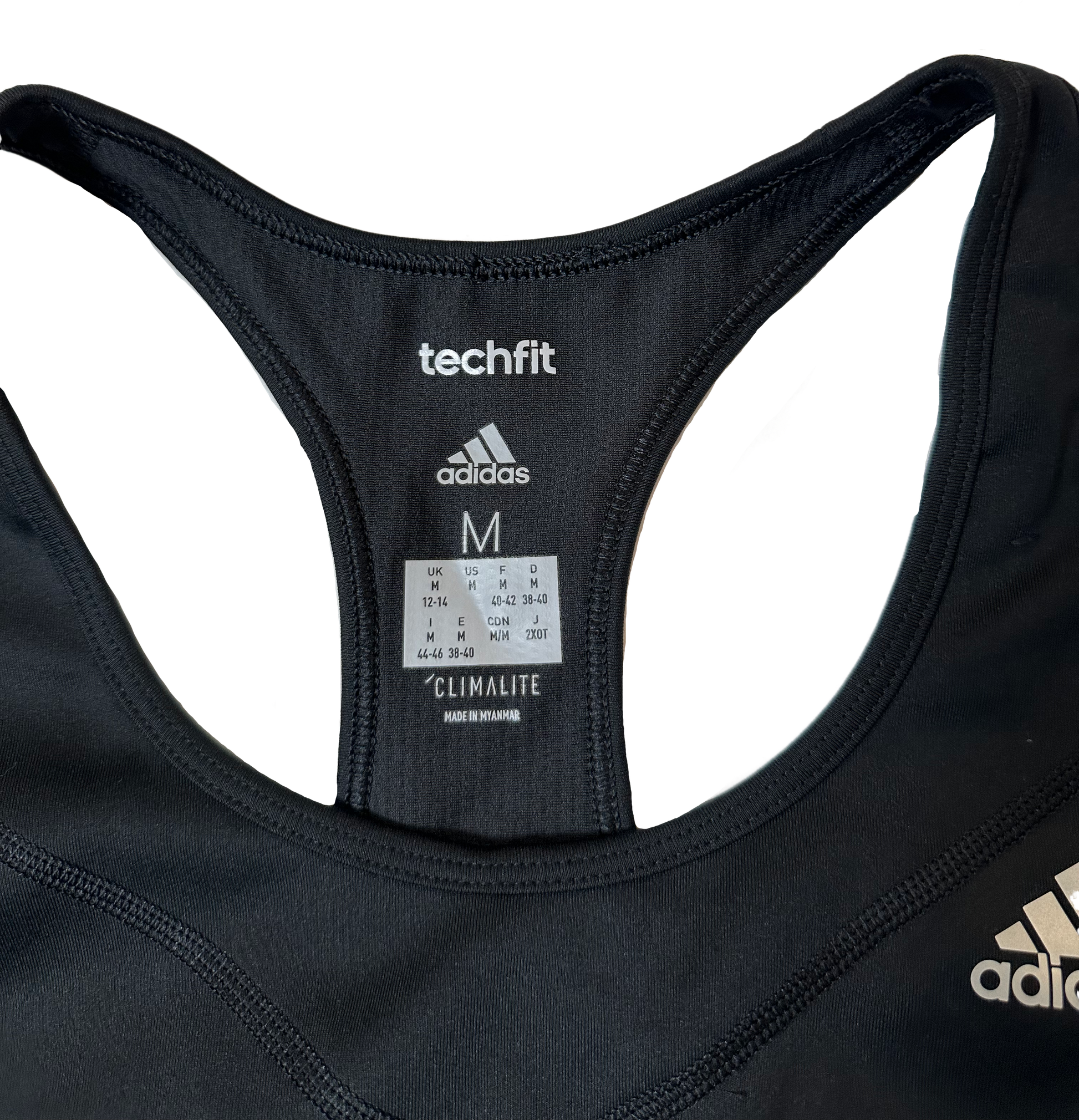 Adidas Techfit Climate Black Sports Bra size Medium Get ready to crush your workout with this Adidas Techfit Climate black sports bra in size medium. Featuring a razor ba
