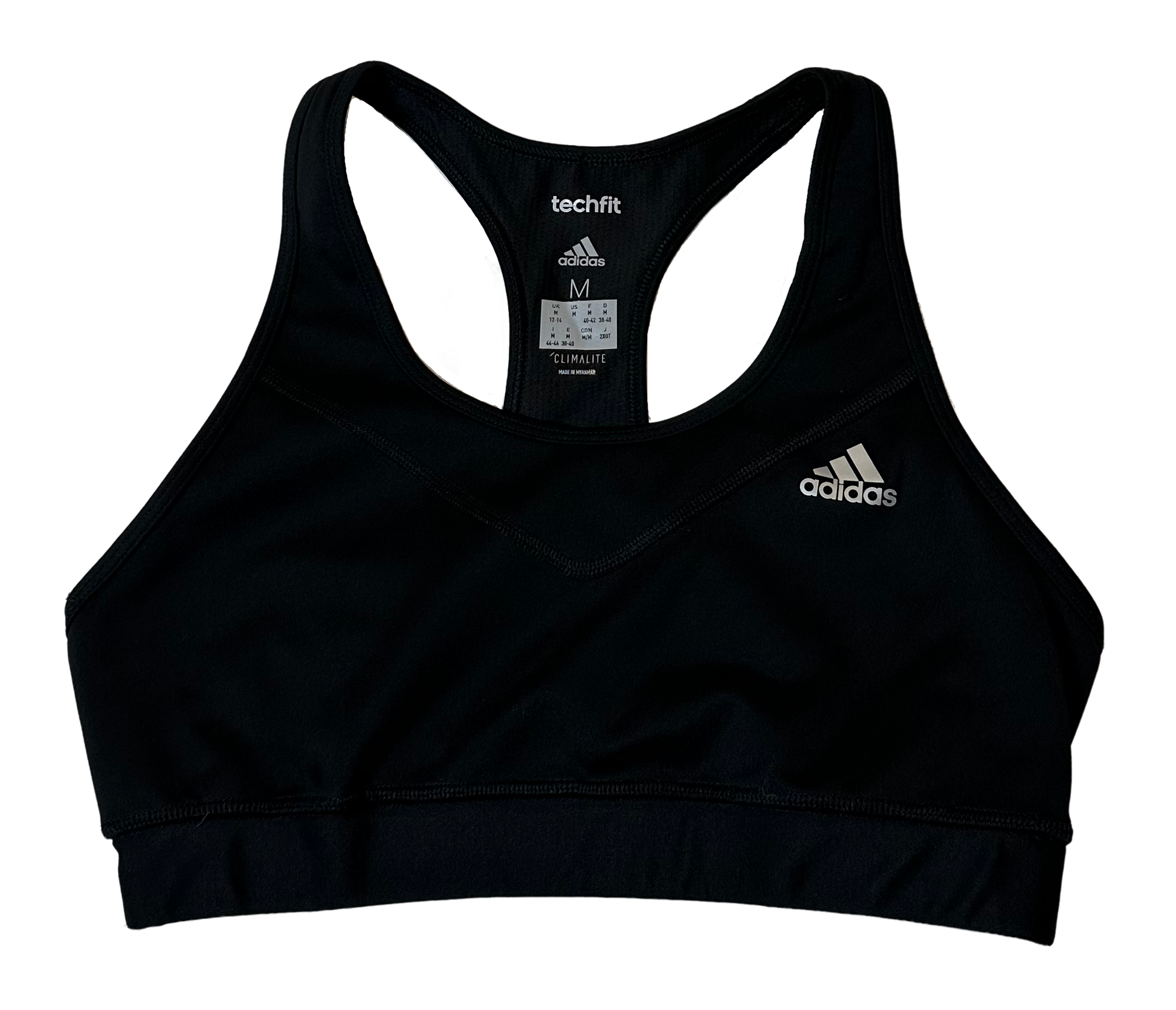 Adidas Techfit Climate Black Sports Bra size Medium Get ready to crush your workout with this Adidas Techfit Climate black sports bra in size medium. Featuring a razor ba