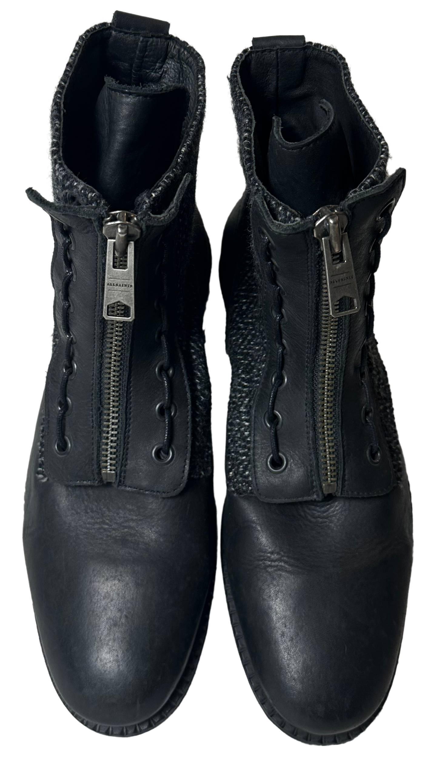 All Saints Black Leather & Grey Tweed STYX Chelsea Boots with Zipper US 12/ EU 45