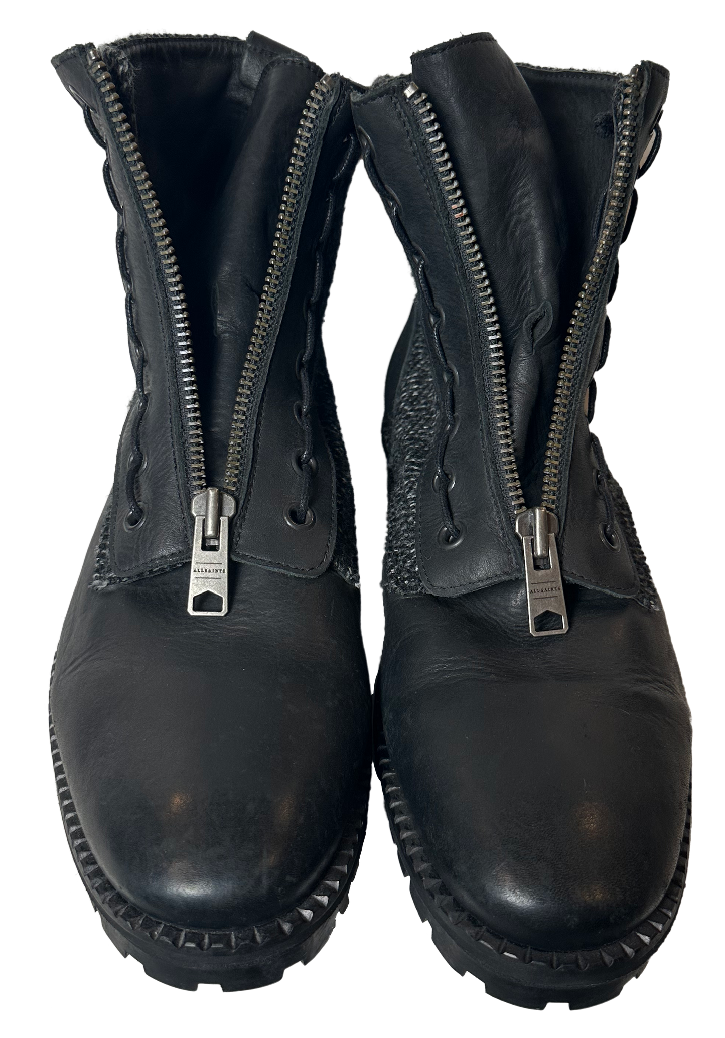 All Saints Black Leather & Grey Tweed STYX Chelsea Boots with Zipper US 12/ EU 45