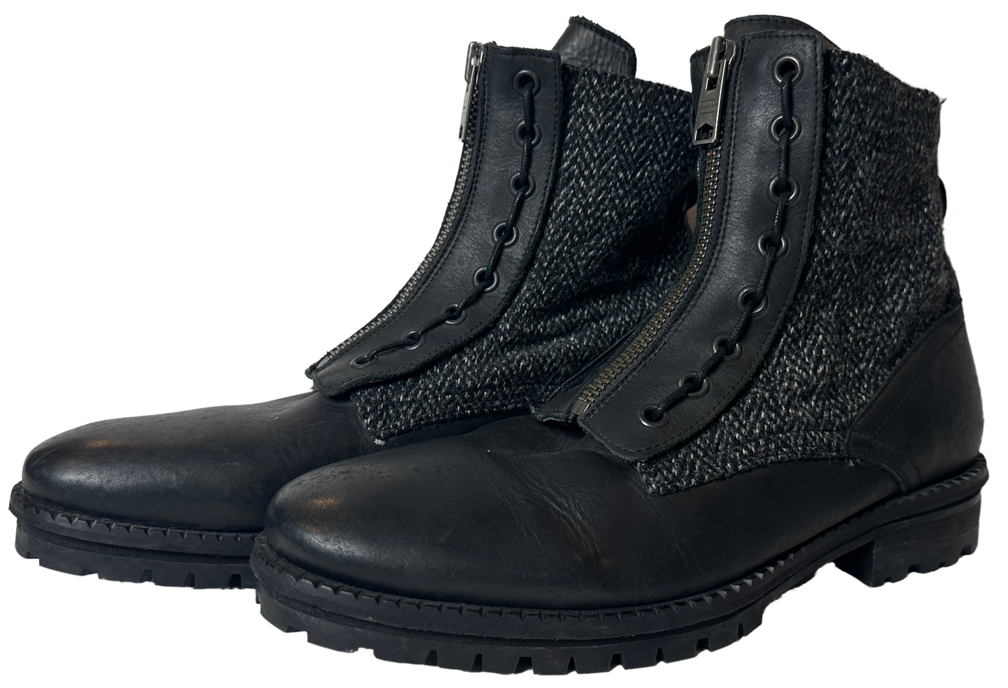 All Saints Black Leather & Grey Tweed STYX Chelsea Boots with Zipper US 12/ EU 45