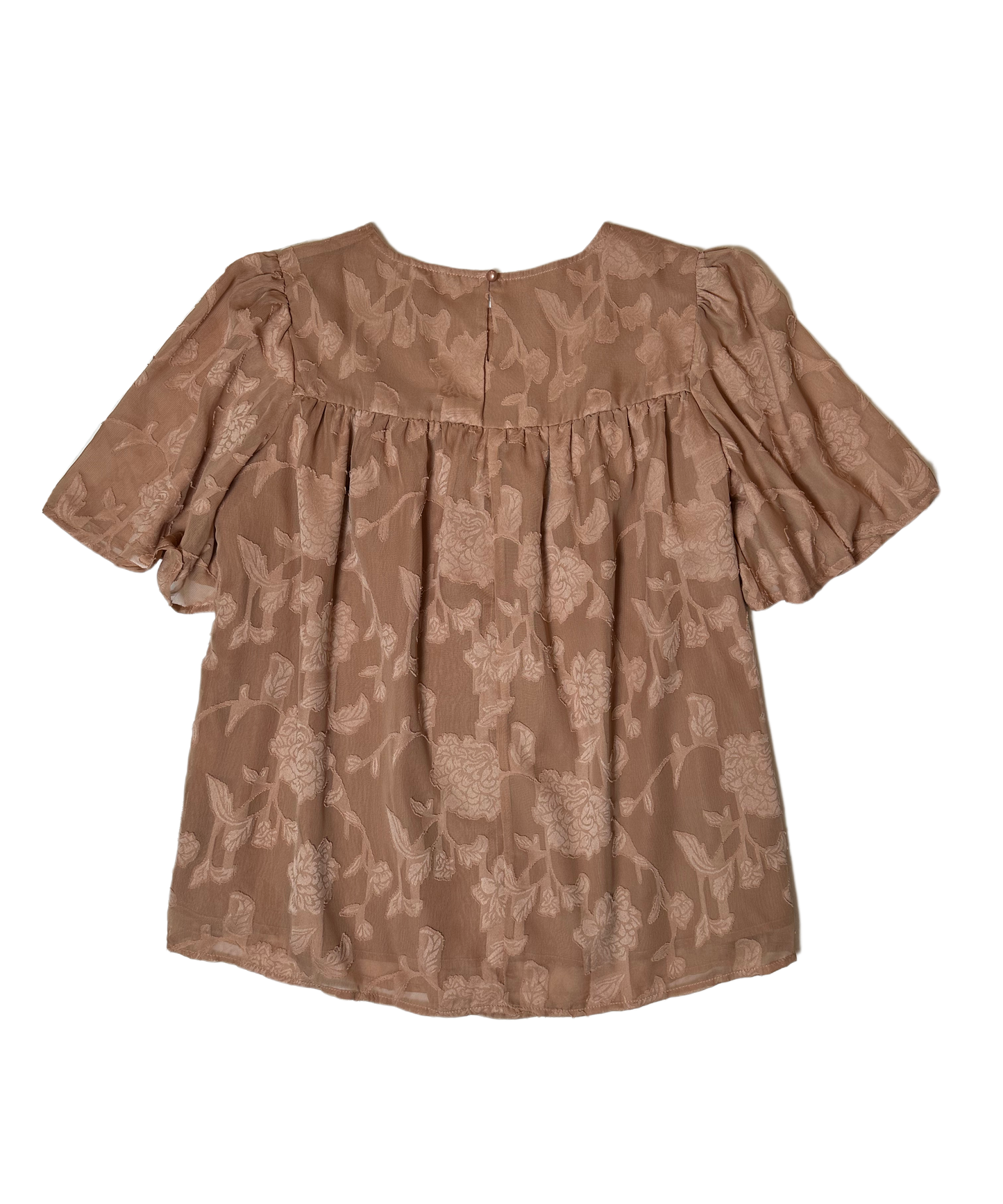 No BrandThis beige floral burn out short sleeve blouse is perfect for everyday wear. It's designed with a lined, floral burn out fabric, crew neck, and short sleeves for a sShirtBeige Floral Burn Out Short Sleeve BlouseBeige Floral Burn