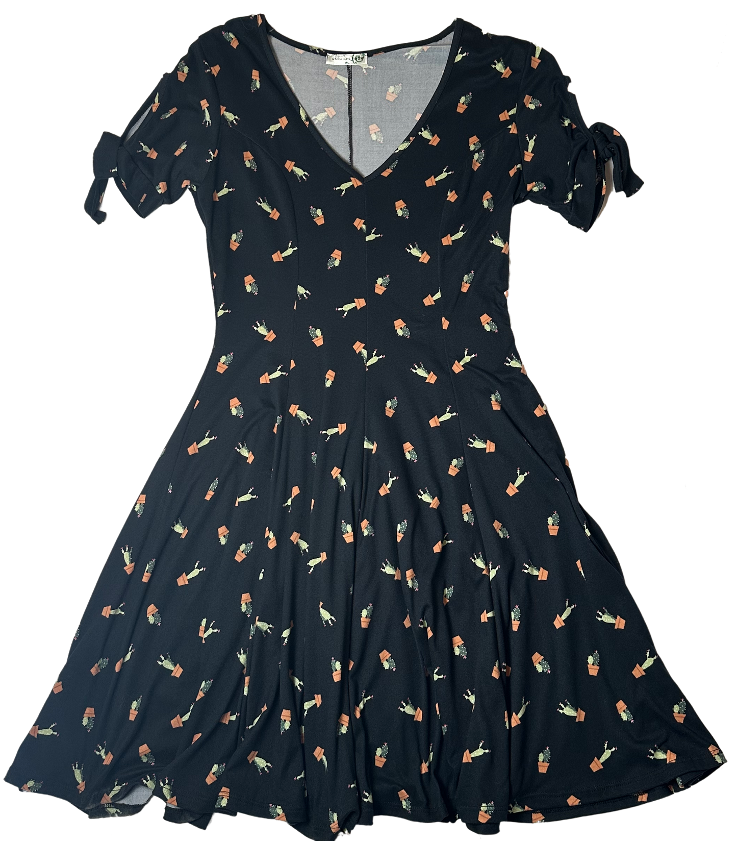 Banana Lemon Cactus Print Black Fit & Flare Dress