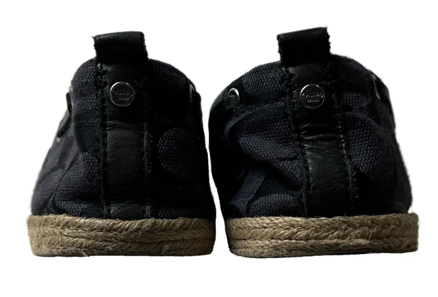 CoachLook casually chic in these Coach monogram jacquard flat espadrilles! They feature a fashionable navy blue and jacquard fabric printed with the iconic Coach logo. PuShoesCoach Navy Blue Logo Jacquard Flat EspadrillesCoach Navy Blue Logo Jacquard Flat Espadrilles