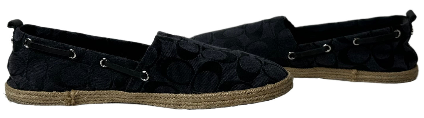 CoachLook casually chic in these Coach monogram jacquard flat espadrilles! They feature a fashionable navy blue and jacquard fabric printed with the iconic Coach logo. PuShoesCoach Navy Blue Logo Jacquard Flat EspadrillesCoach Navy Blue Logo Jacquard Flat Espadrilles