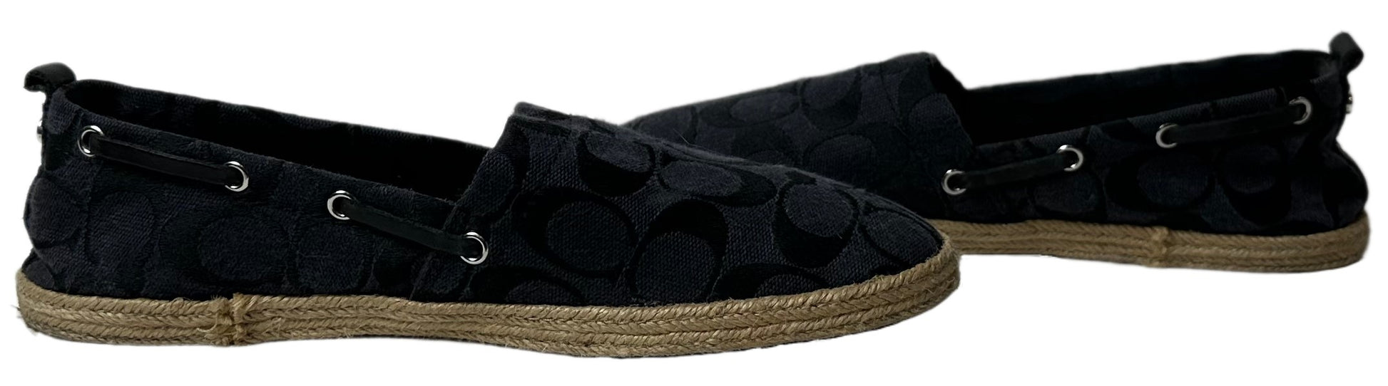 CoachLook casually chic in these Coach monogram jacquard flat espadrilles! They feature a fashionable navy blue and jacquard fabric printed with the iconic Coach logo. PuShoesCoach Navy Blue Logo Jacquard Flat EspadrillesCoach Navy Blue Logo Jacquard Flat Espadrilles