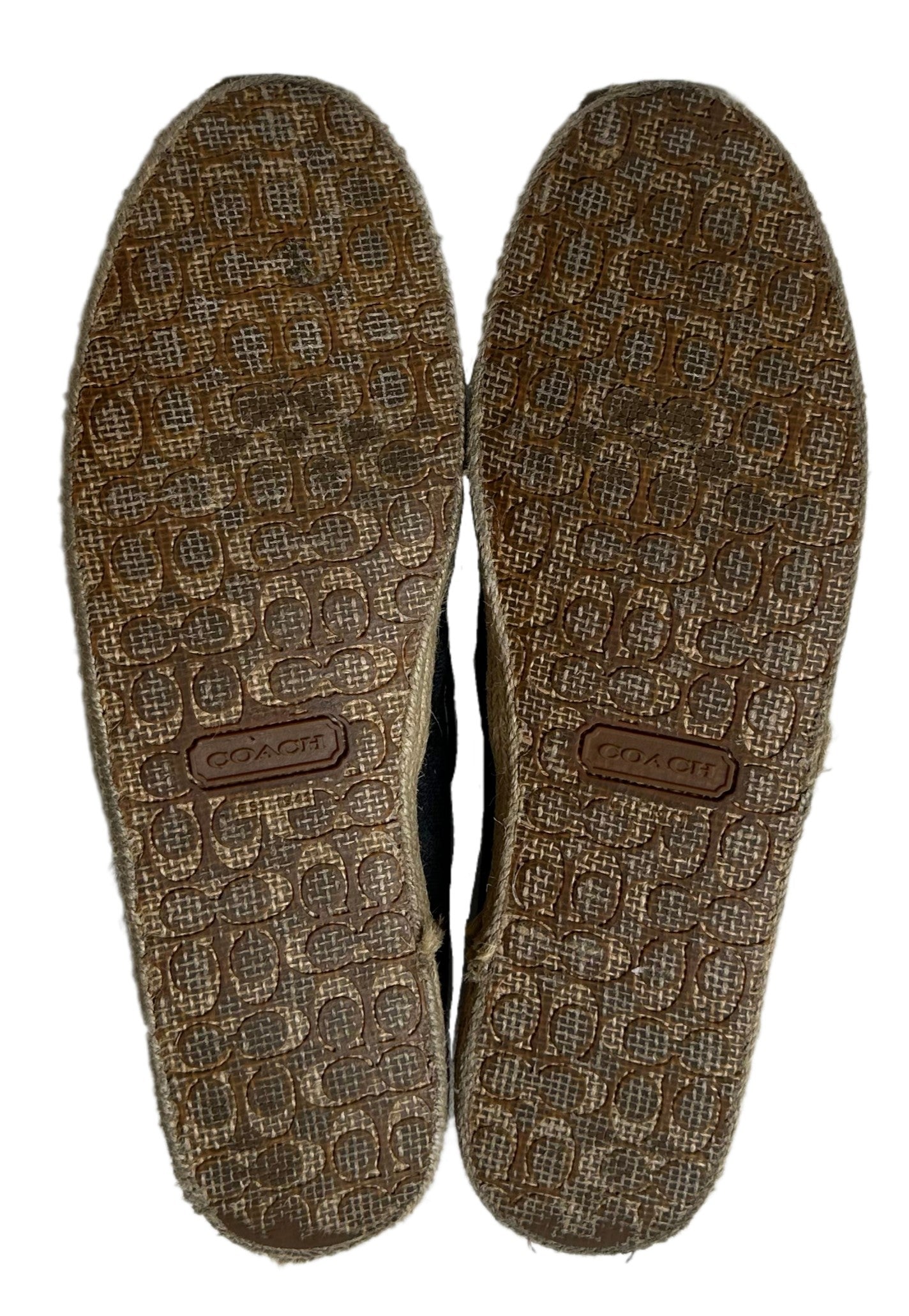 CoachLook casually chic in these Coach monogram jacquard flat espadrilles! They feature a fashionable navy blue and jacquard fabric printed with the iconic Coach logo. PuShoesCoach Navy Blue Logo Jacquard Flat EspadrillesCoach Navy Blue Logo Jacquard Flat Espadrilles