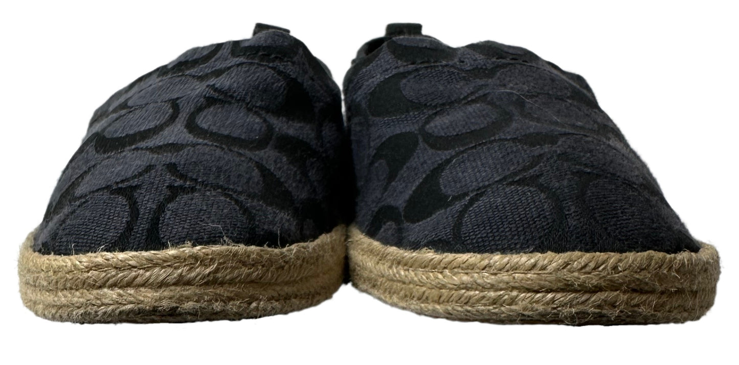CoachLook casually chic in these Coach monogram jacquard flat espadrilles! They feature a fashionable navy blue and jacquard fabric printed with the iconic Coach logo. PuShoesCoach Navy Blue Logo Jacquard Flat EspadrillesCoach Navy Blue Logo Jacquard Flat Espadrilles