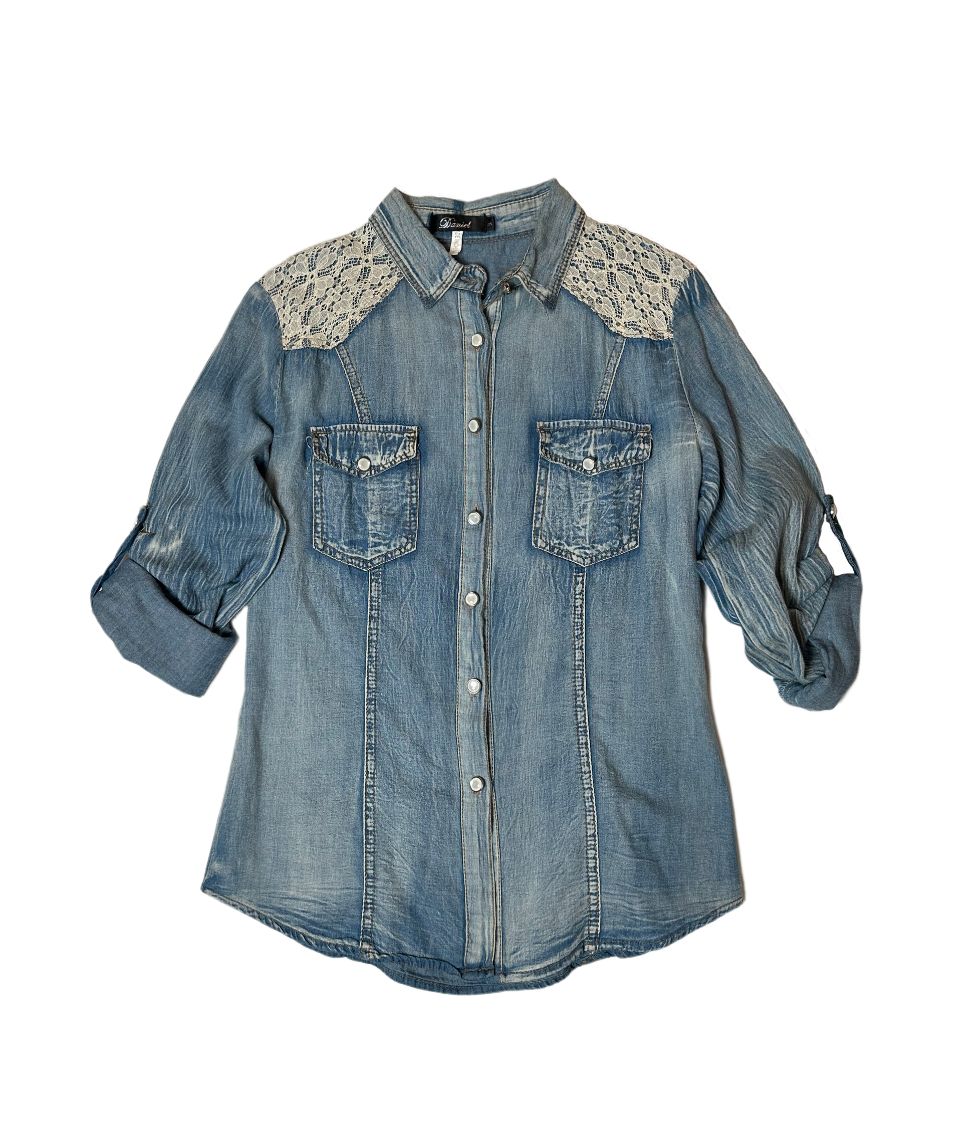 Daniel Faded Denim Shirt with Lace Trim is one timeless piece! Perfect for those days when you want to feel casually cool, it features a faded denim style coupled with the plaShirtDaniel Faded Denim Shirt with Lace TrimDaniel Faded Denim Shirt