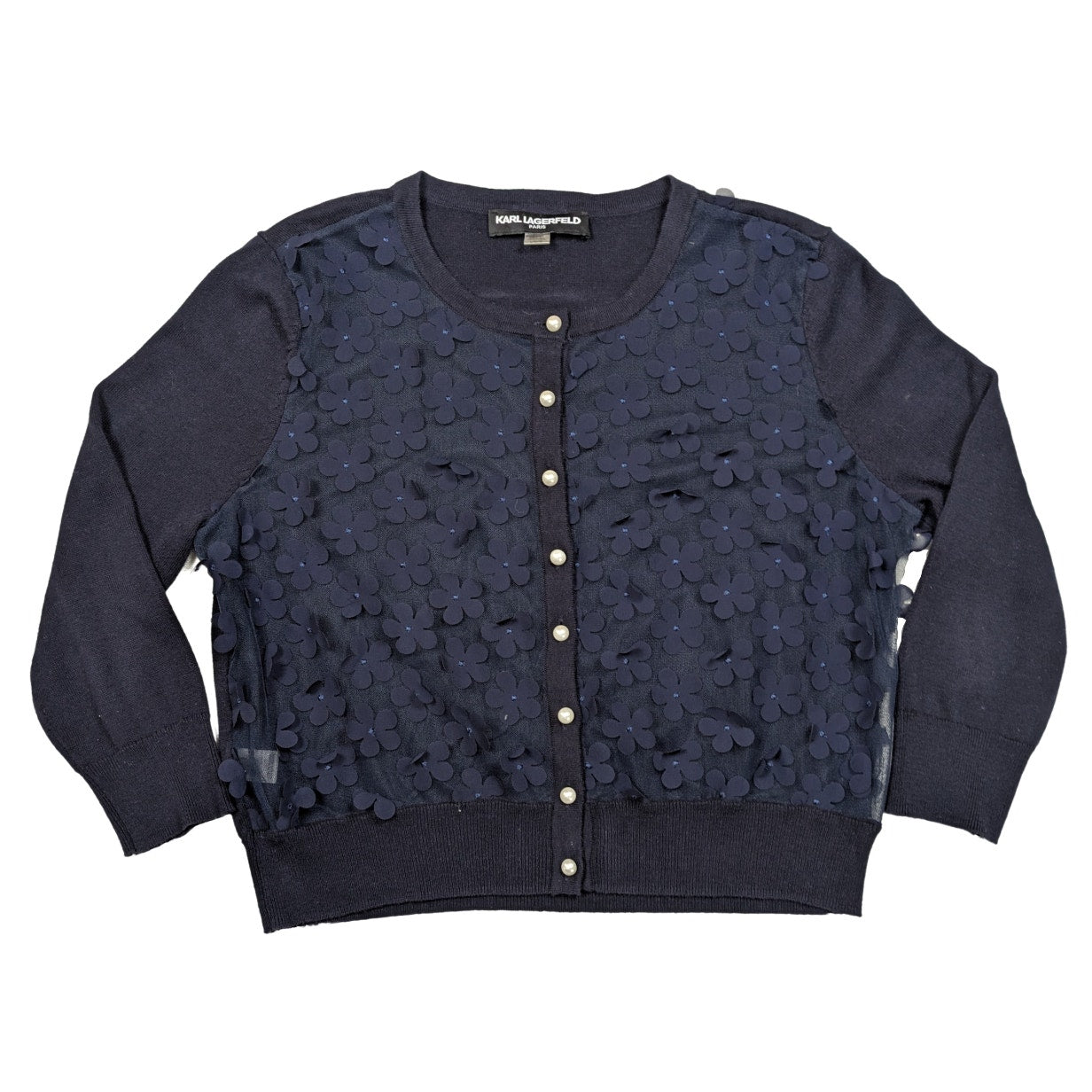 Karl Lagerfeld Navy Cardigan with Sheer Front and Flower appliques Size Large