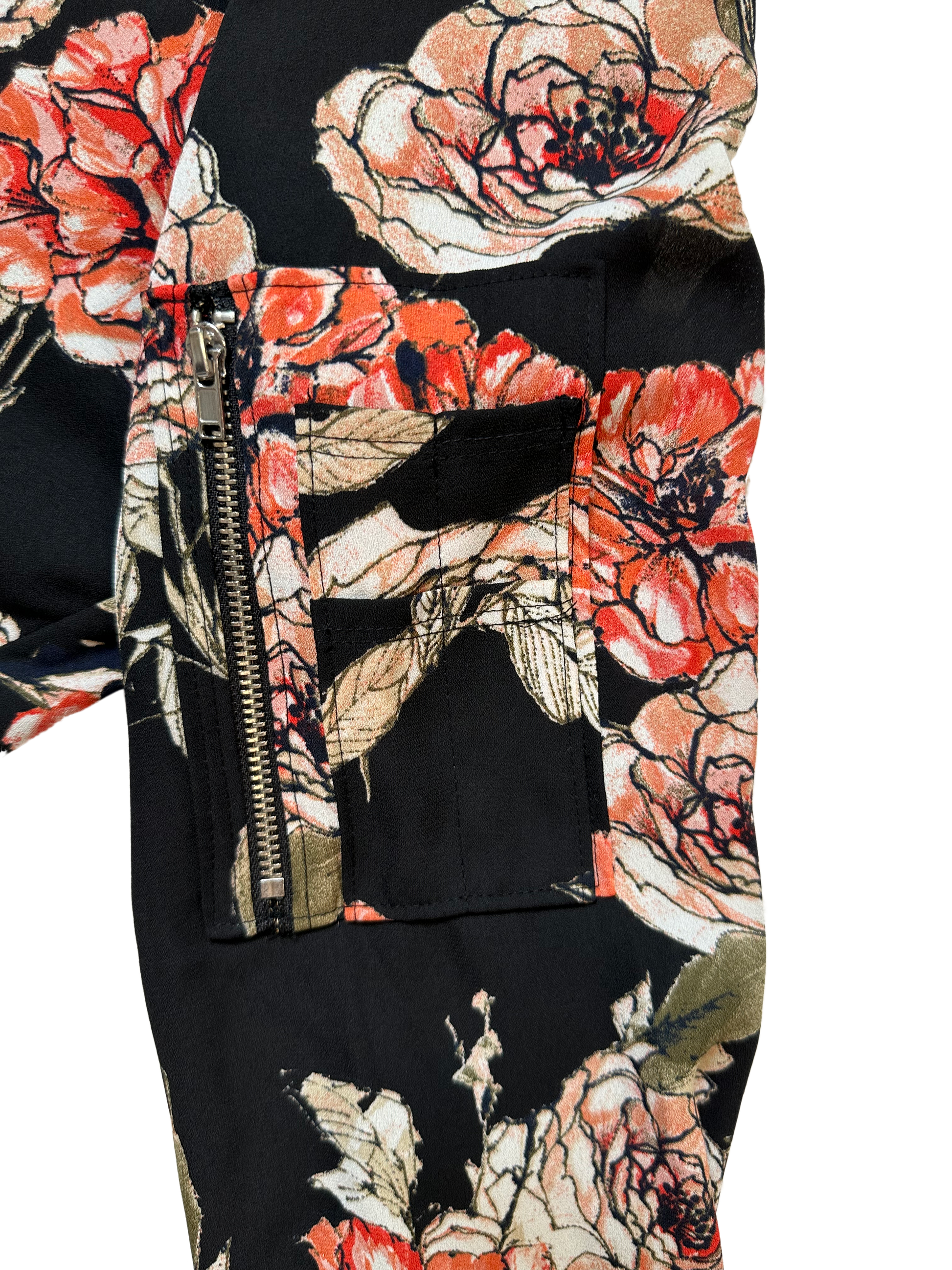 Sanctuary Anthropologie Floral Zip Front Bomber Jacket size Small Introducing the Sanctuary Anthropologie Bomber Jacket, a playful twist on a classic. This black jac