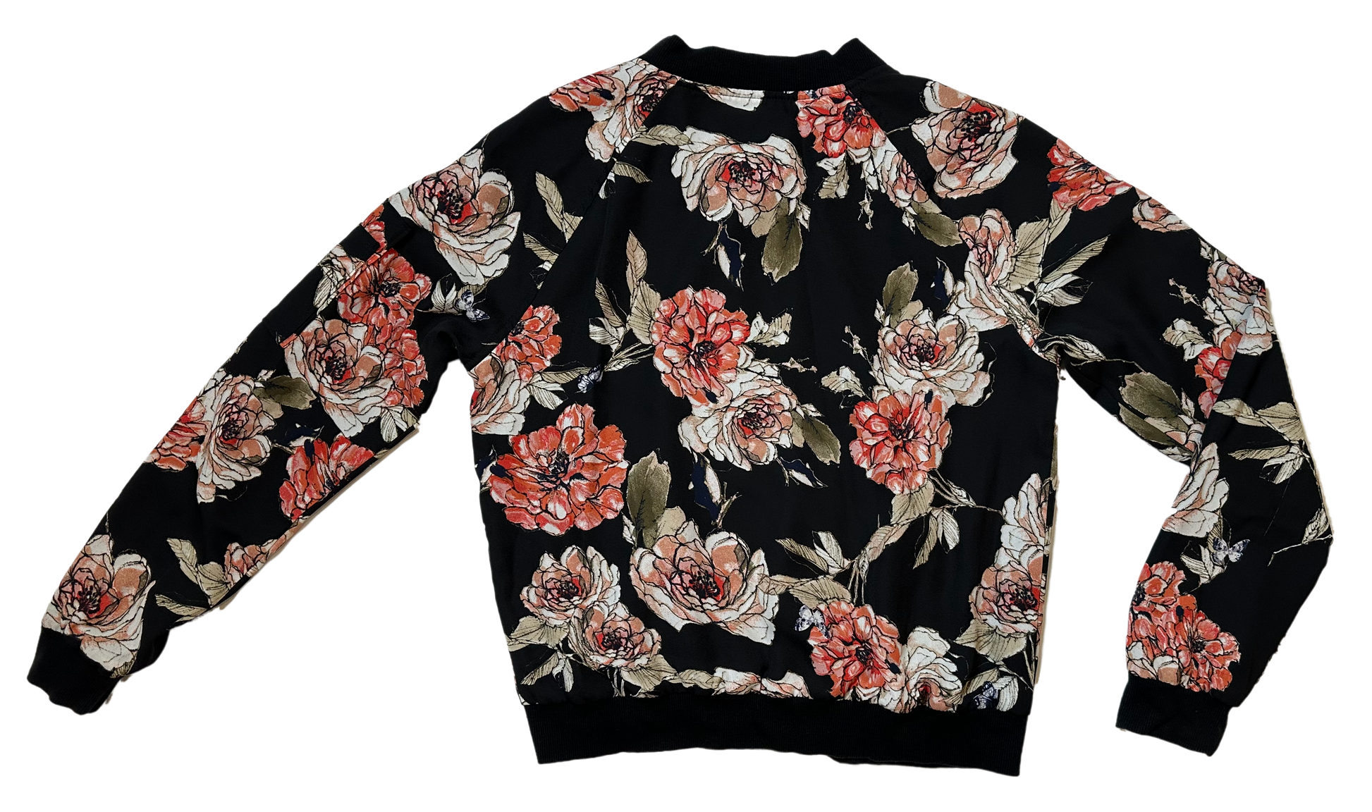 Sanctuary Anthropologie Floral Zip Front Bomber Jacket size Small Introducing the Sanctuary Anthropologie Bomber Jacket, a playful twist on a classic. This black jac