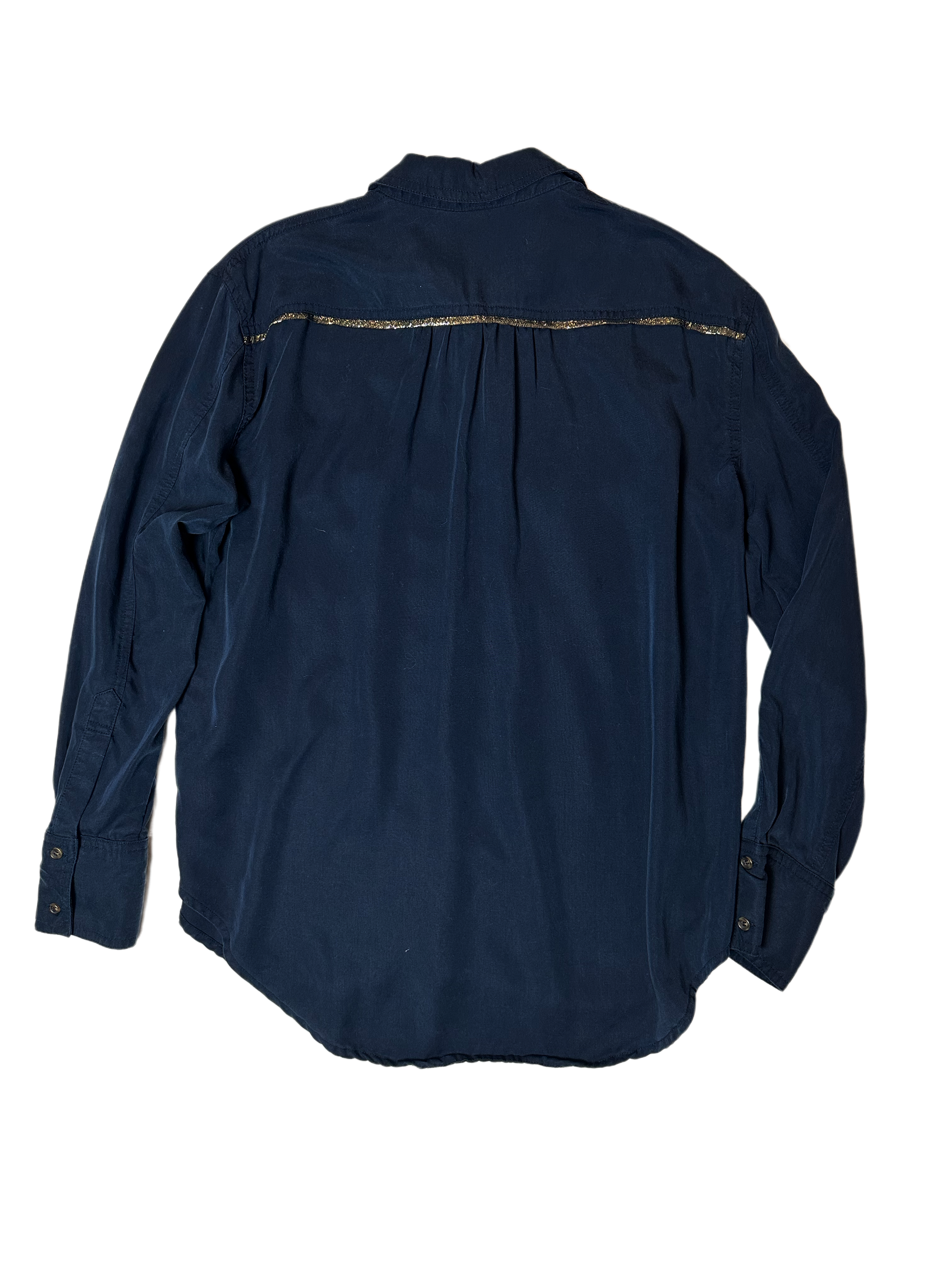 Free PeopleThis Free People midnight blue blouse is the perfect choice for an evening look with a twist! The tencel fabric is soft and light, while the shimmer trim provides a ShirtFree People Midnight Blue Button Front Blouse with Shimmer TrimFree People Midnight Blue Button Front Blouse