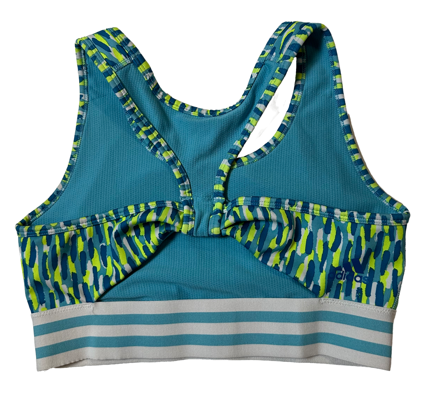 Adidas Blue & Green Print Twist Look Back Sports Bra Size Medium Get ready to twist and shout in this Adidas blue & green sports bra! Featuring a unique twist look bAdidas Blue & Green Print Twist Look Back Sports Bra Size Medium