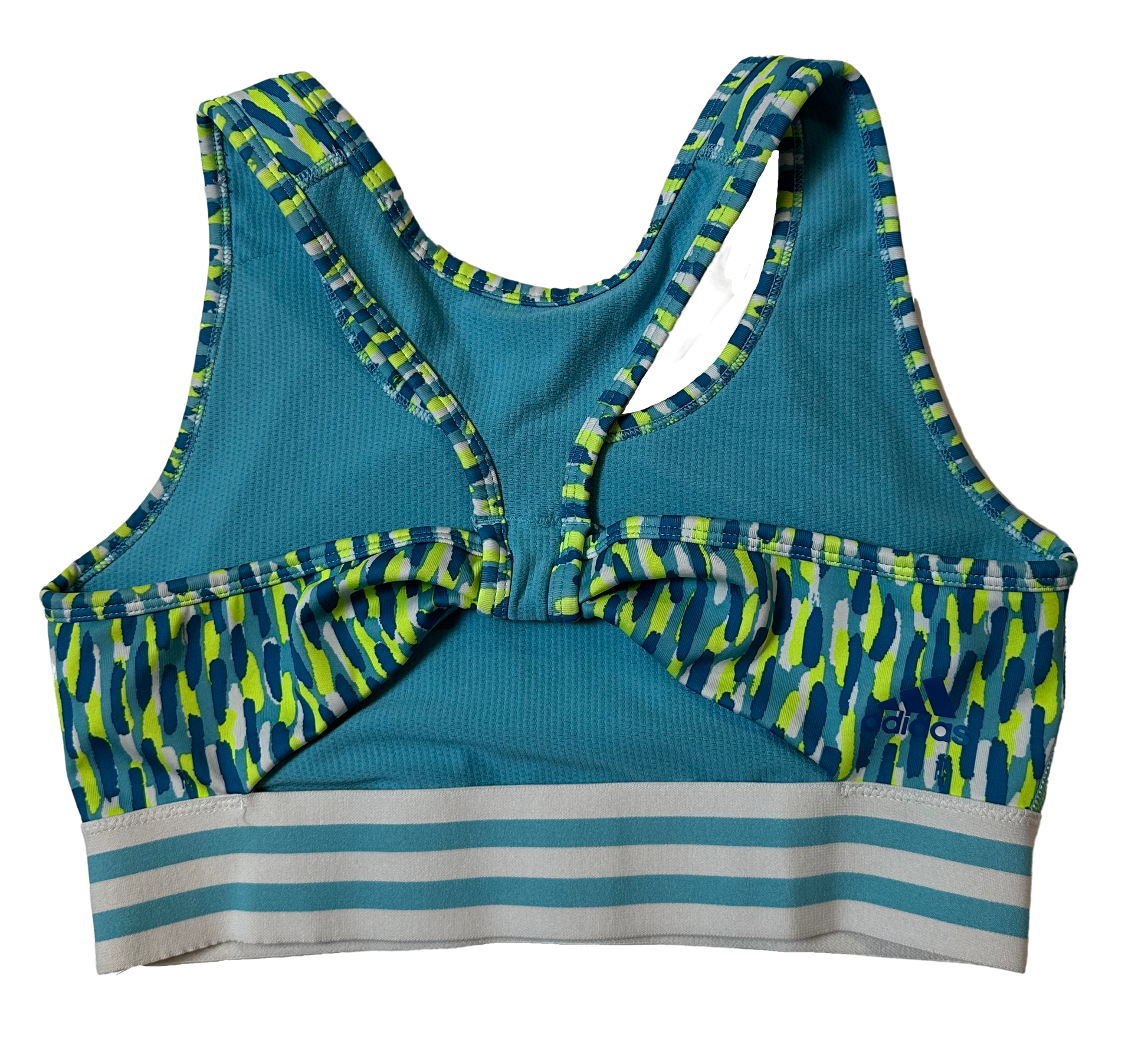 Adidas Blue & Green Print Twist Look Back Sports Bra Size Medium Get ready to twist and shout in this Adidas blue & green sports bra! Featuring a unique twist look bAdidas Blue & Green Print Twist Look Back Sports Bra Size Medium
