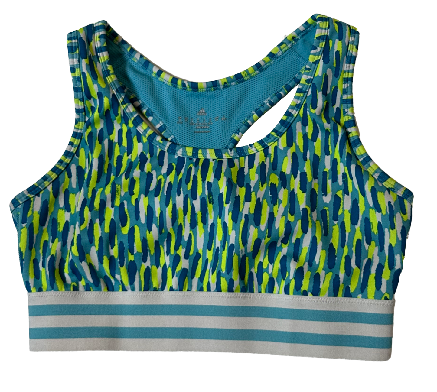 Adidas Blue & Green Print Twist Look Back Sports Bra Size Medium Get ready to twist and shout in this Adidas blue & green sports bra! Featuring a unique twist look bAdidas Blue & Green Print Twist Look Back Sports Bra Size Medium